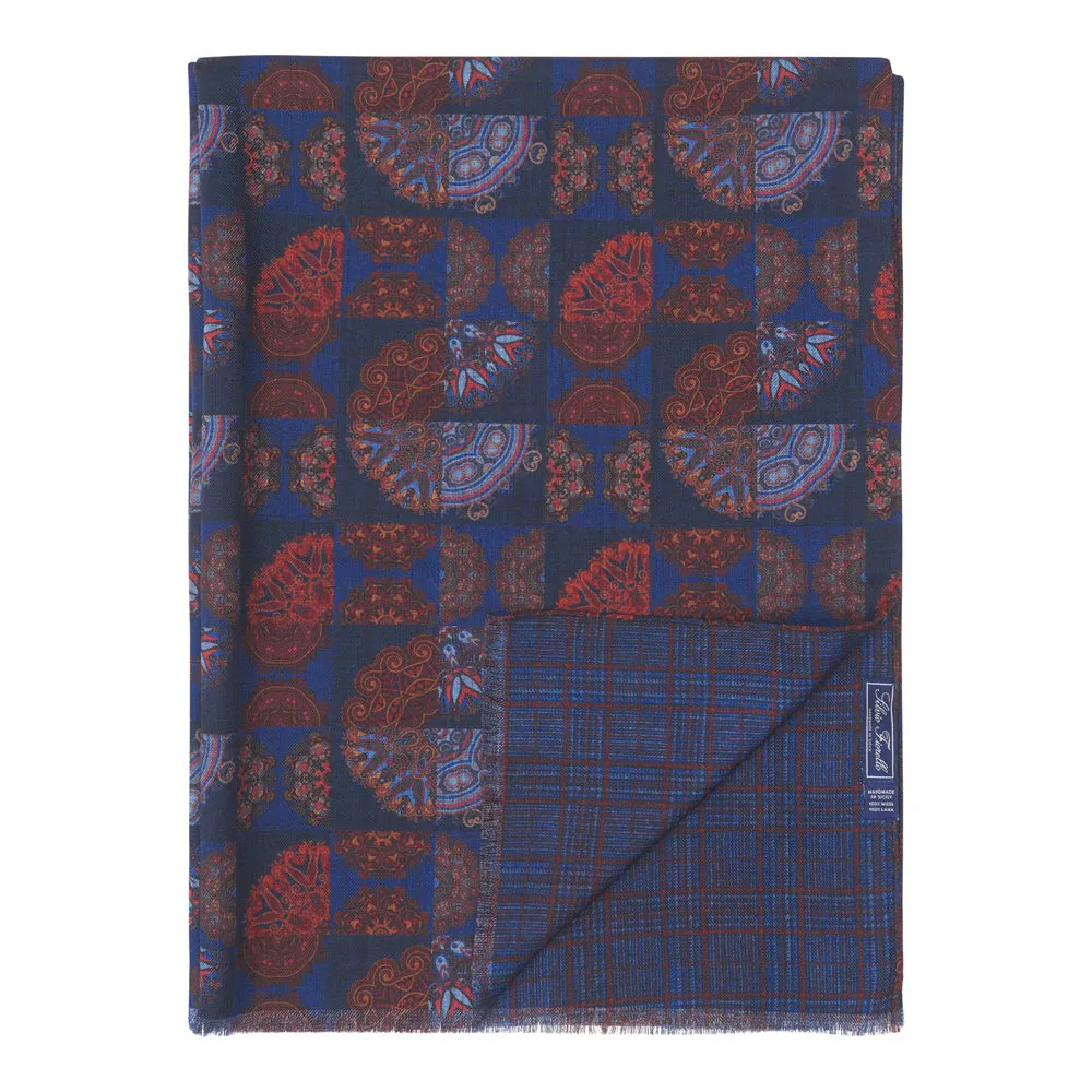 Blue and Burgundy Medallion Patchwork and Madras Pattern Wool Scarf