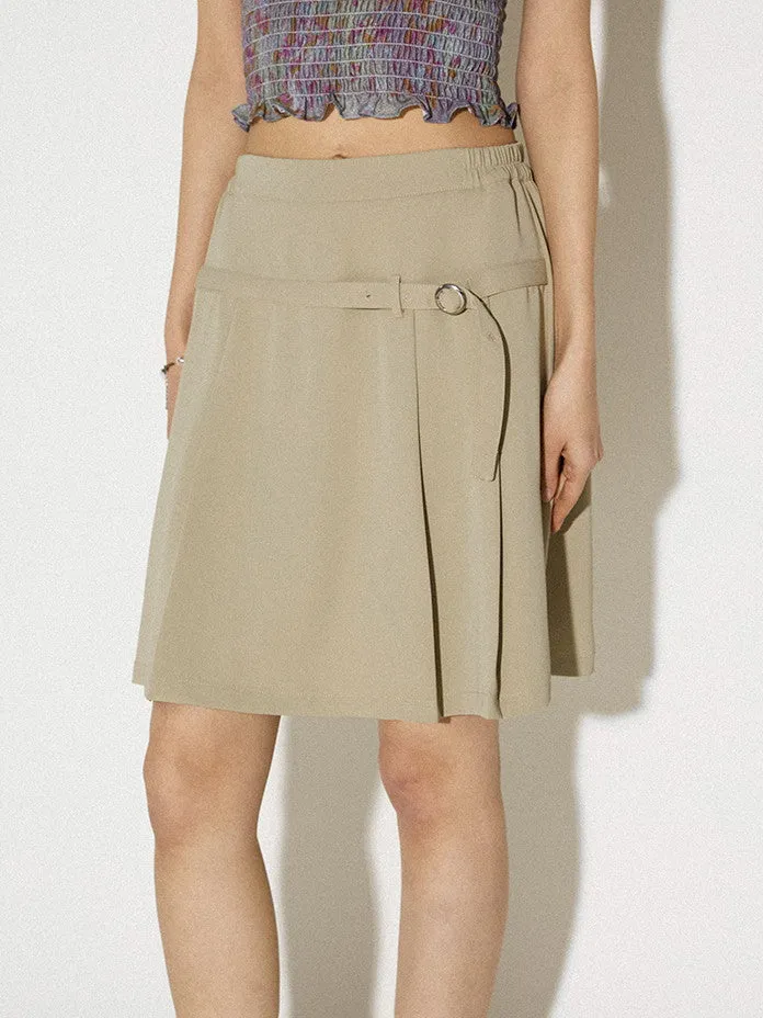 Box-Pleats Simple Belt Casual Middle Plain Skirt