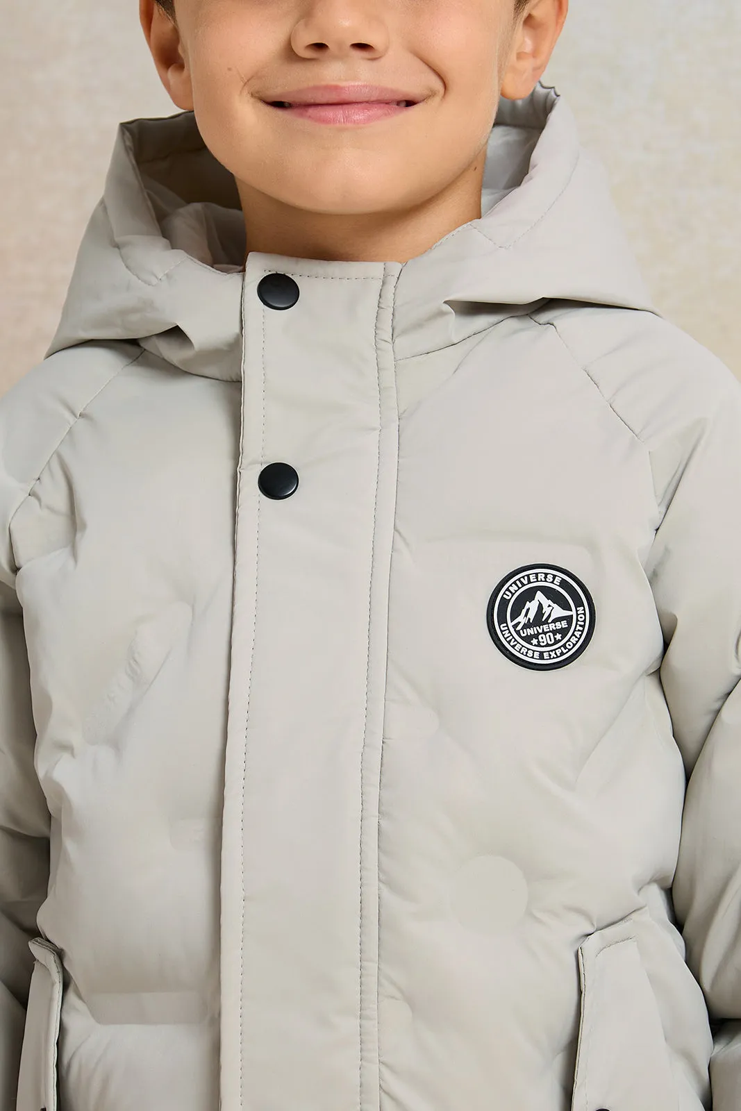 Boys Beige Embossed Hooded Jacket