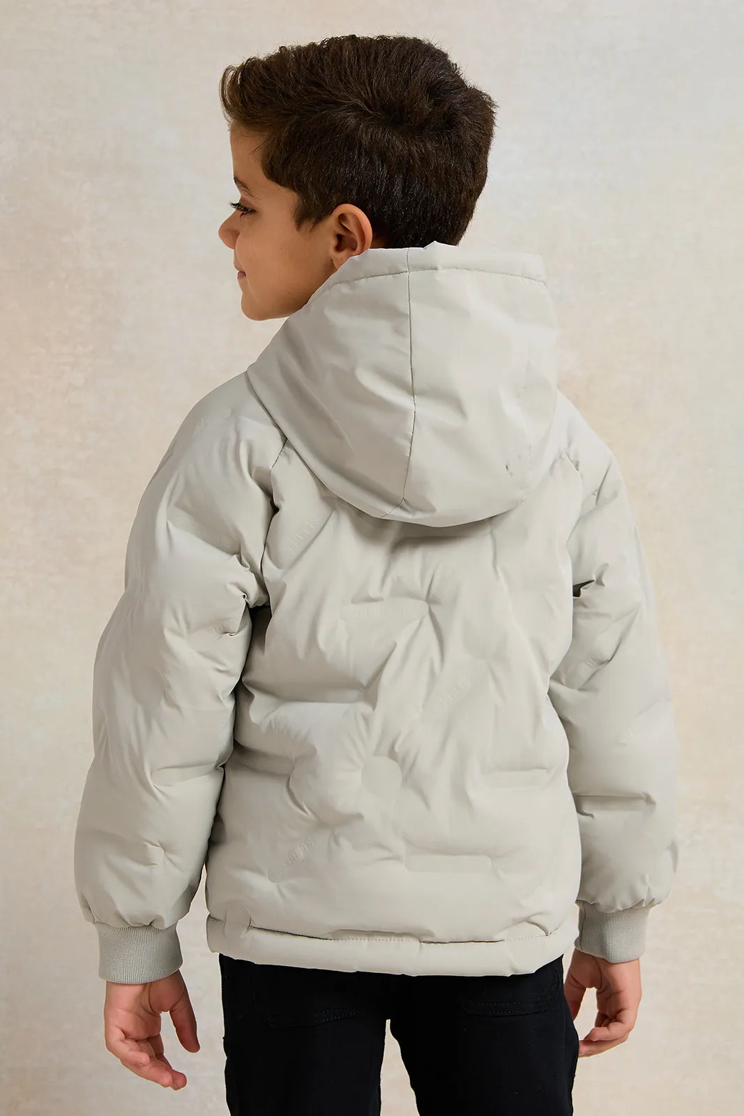 Boys Beige Embossed Hooded Jacket