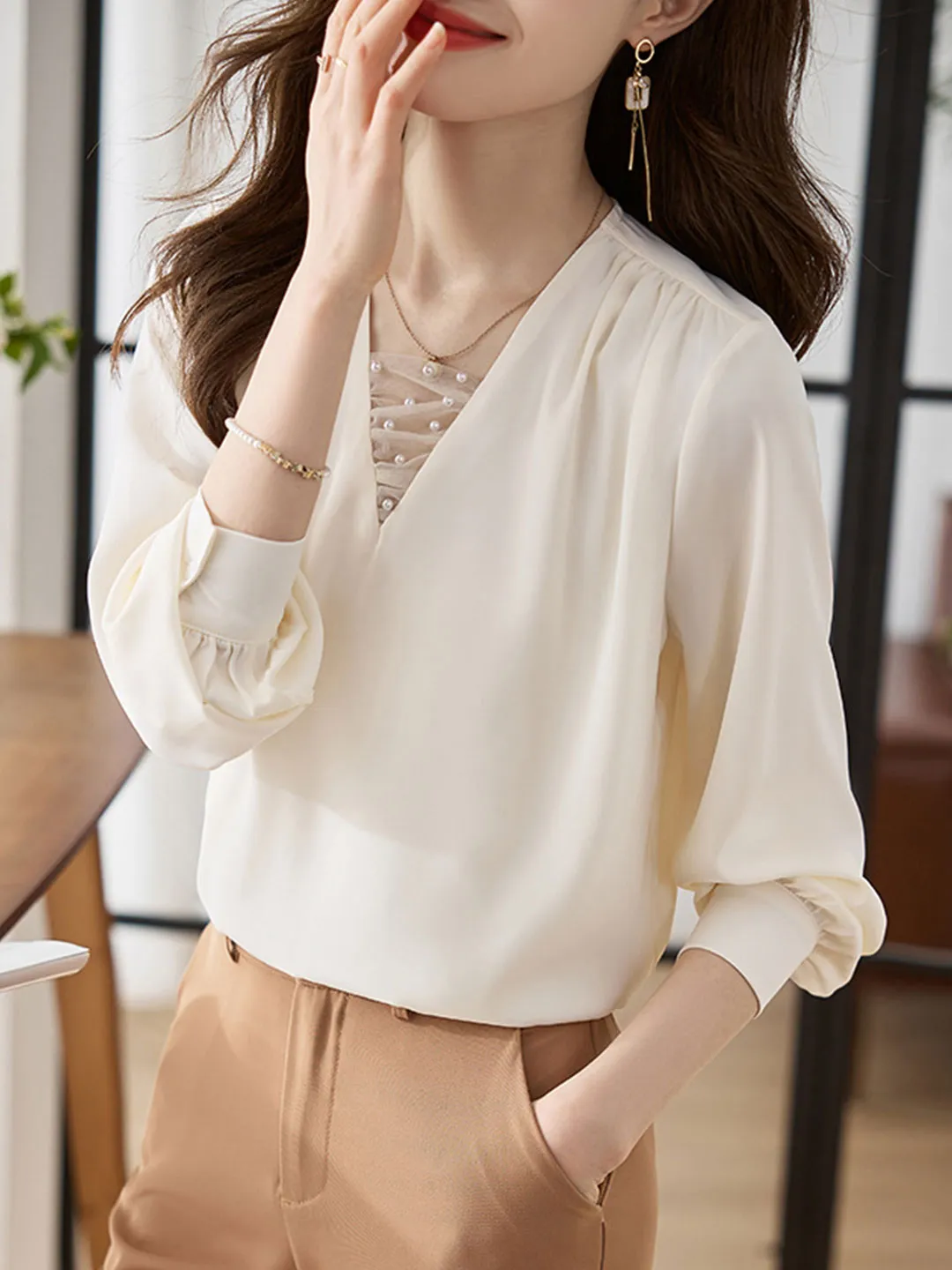 Brianna Classic V-neck Satin Shirt-Apricot