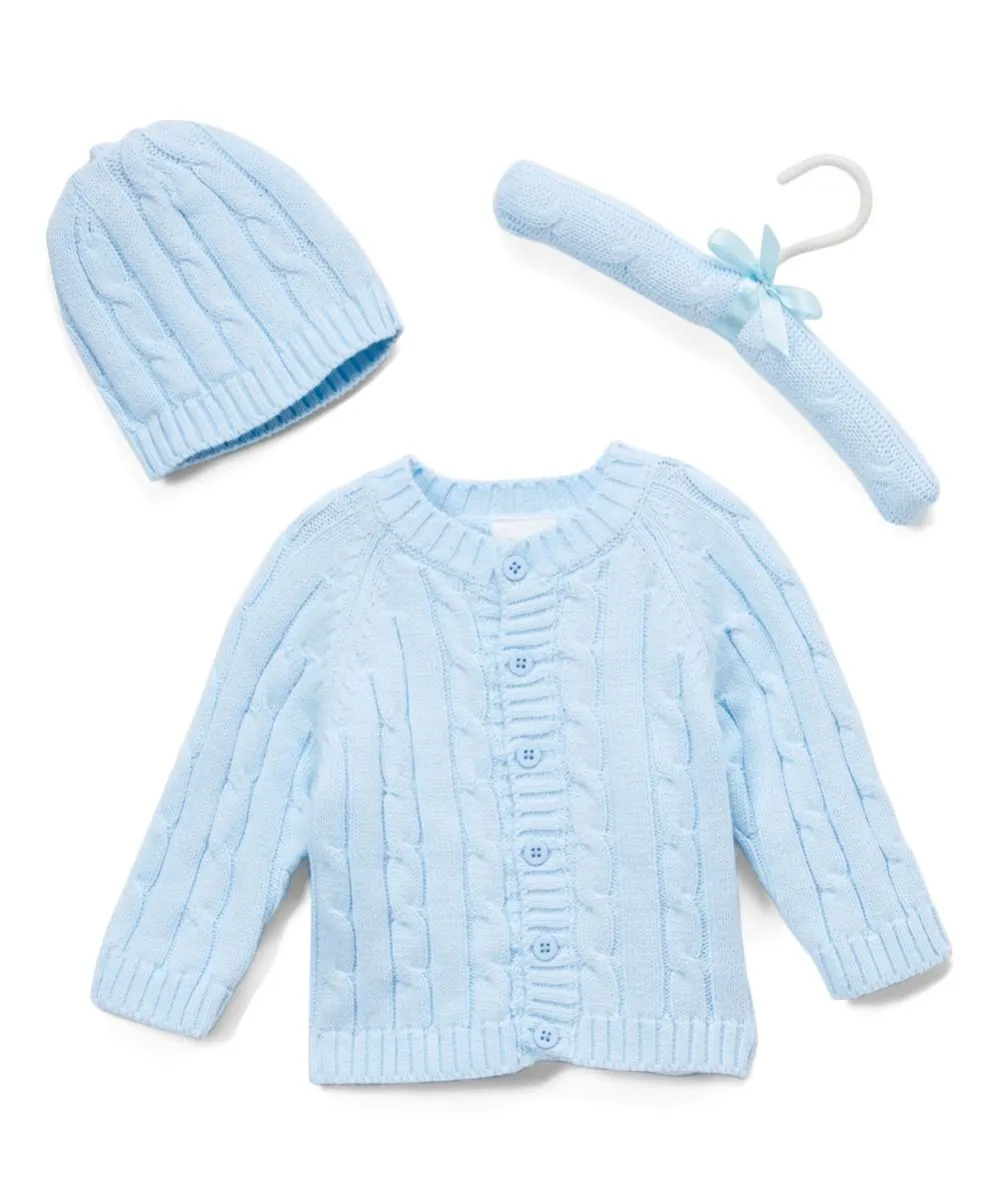 Cable Knit Baby's Cardigan with Beanie Set - Blue