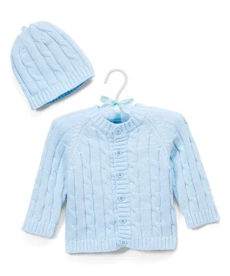 Cable Knit Baby's Cardigan with Beanie Set - Blue