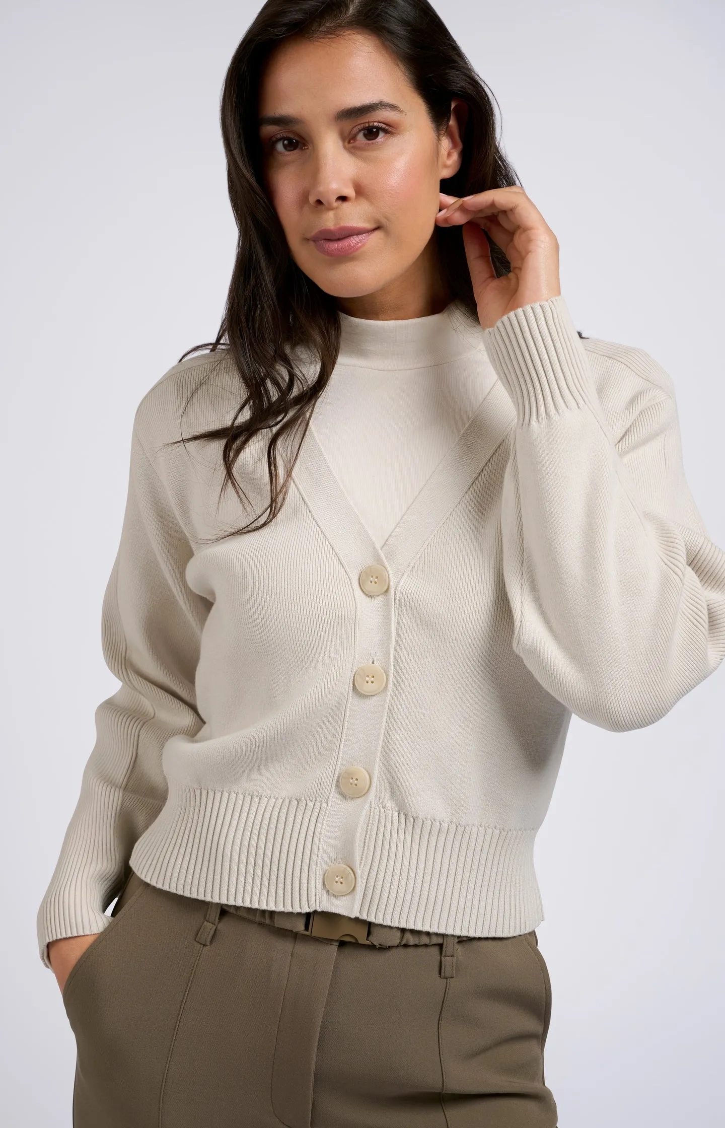 Cardigan with long sleeves, buttons and a deep V-neck