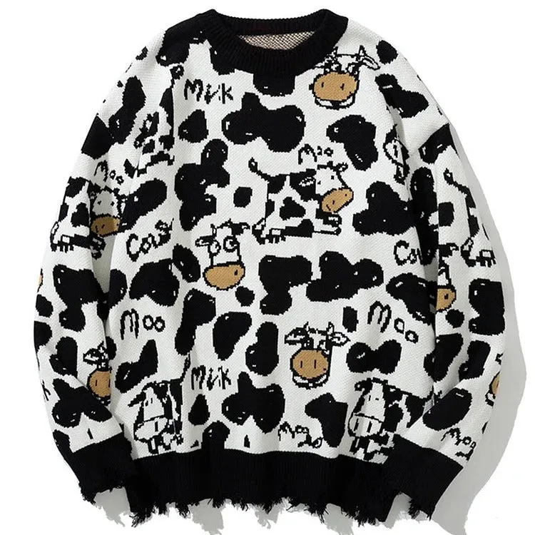 Cartoon Cow Print Pullover Knit Sweater - Cute and Cozy