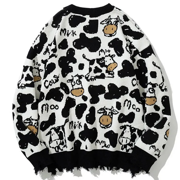 Cartoon Cow Print Pullover Knit Sweater - Cute and Cozy