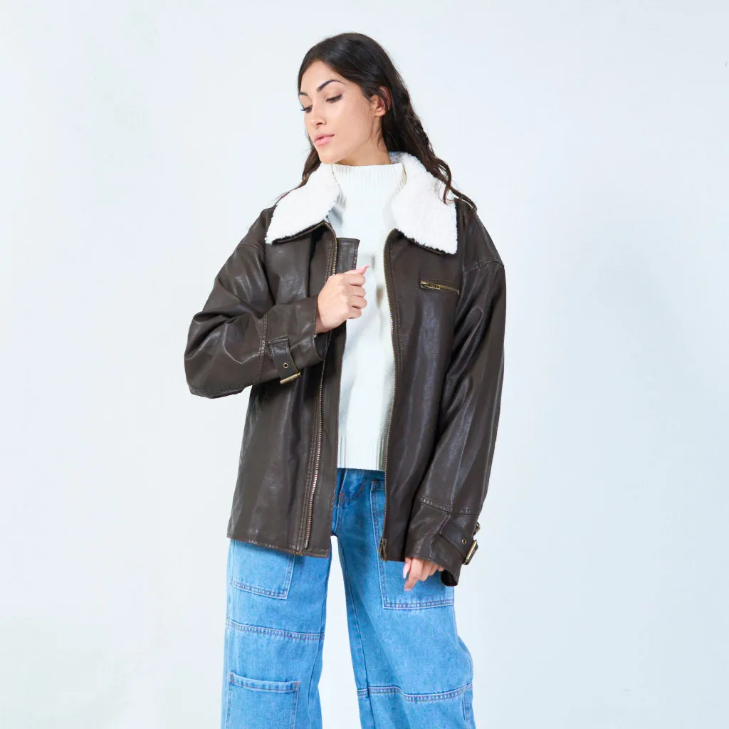 Casual bomber jacket with faux shearling collar wholesale