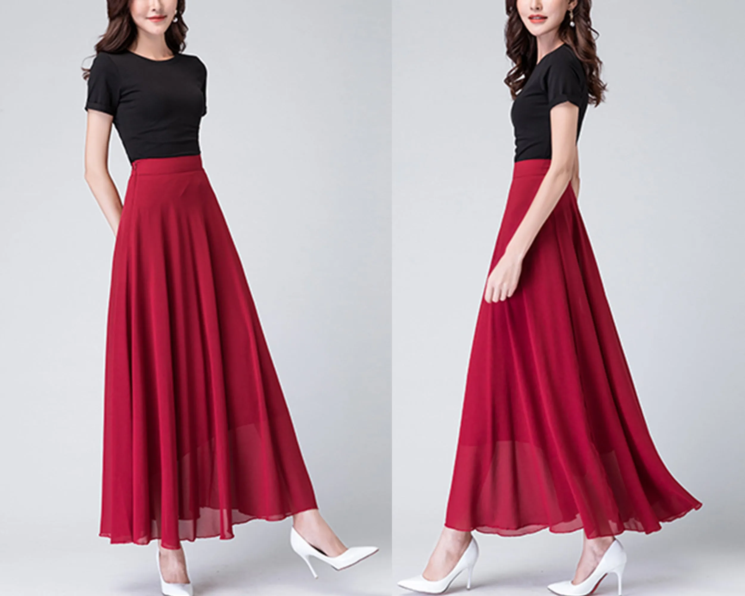 Chiffon Skirt/Maxi Skirt/Long Skirt/A-Line Skirt/Flare Skirt/Dark Blue Skirt/Elastic Waist Skirt L0036