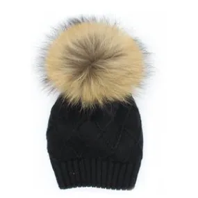 Chunky Knit Black Wool Hat With Brown Pom Pom - Adult