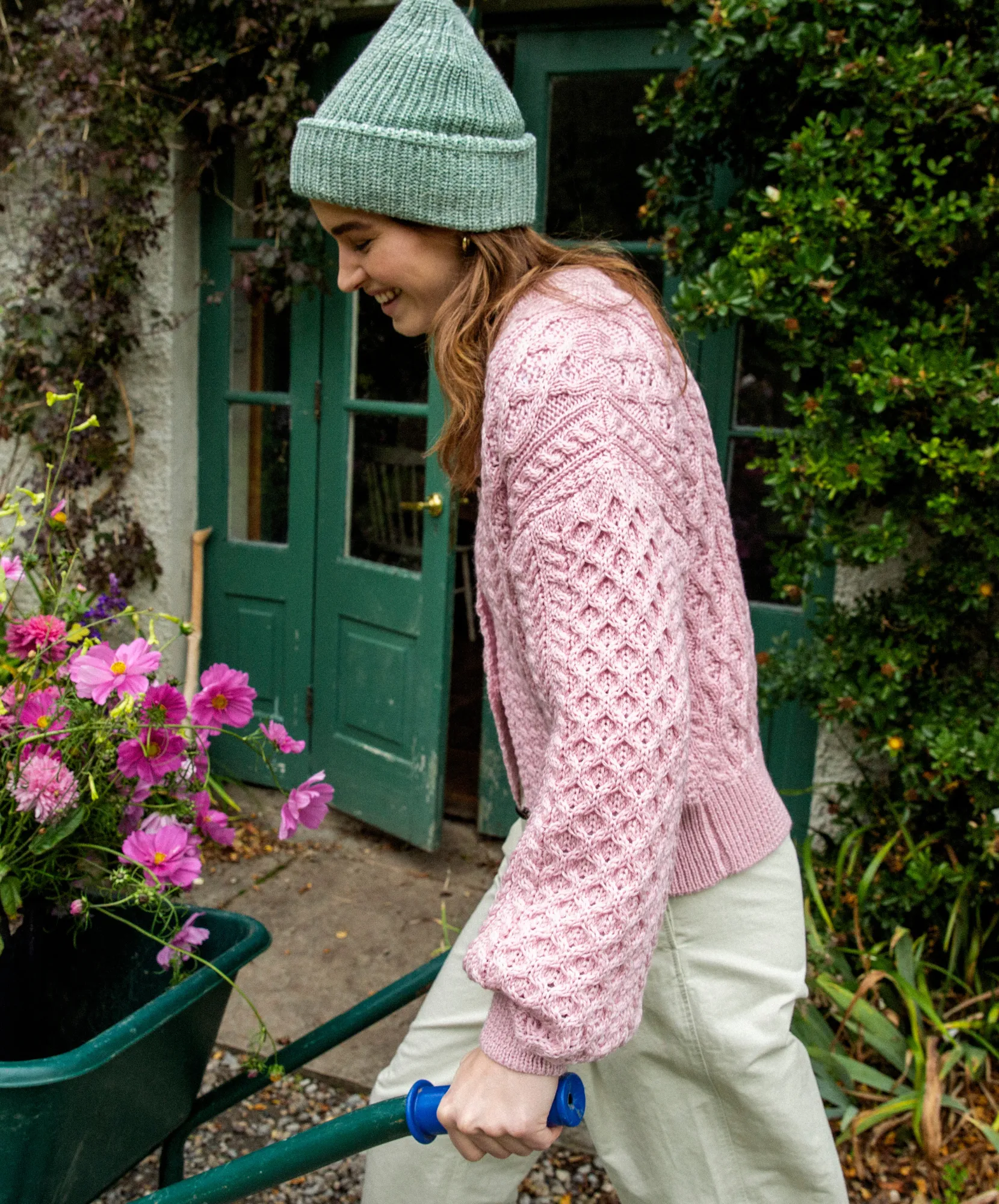 Clover Cropped Aran Cardigan Pale Pink