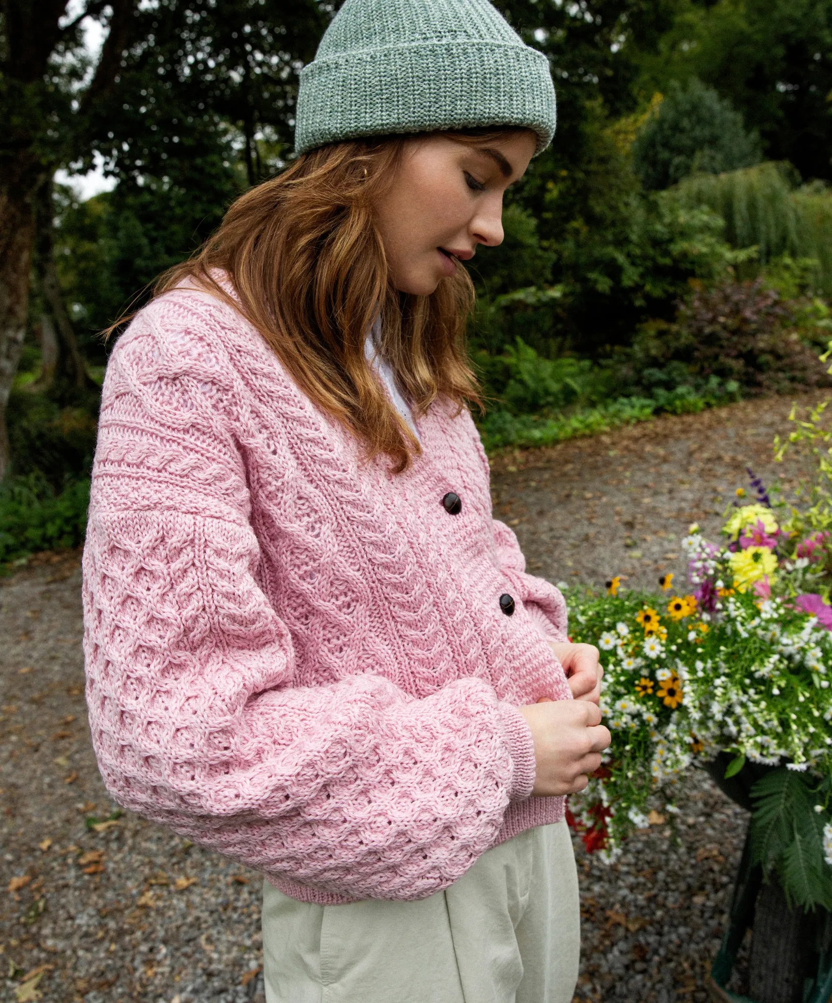 Clover Cropped Aran Cardigan Pale Pink