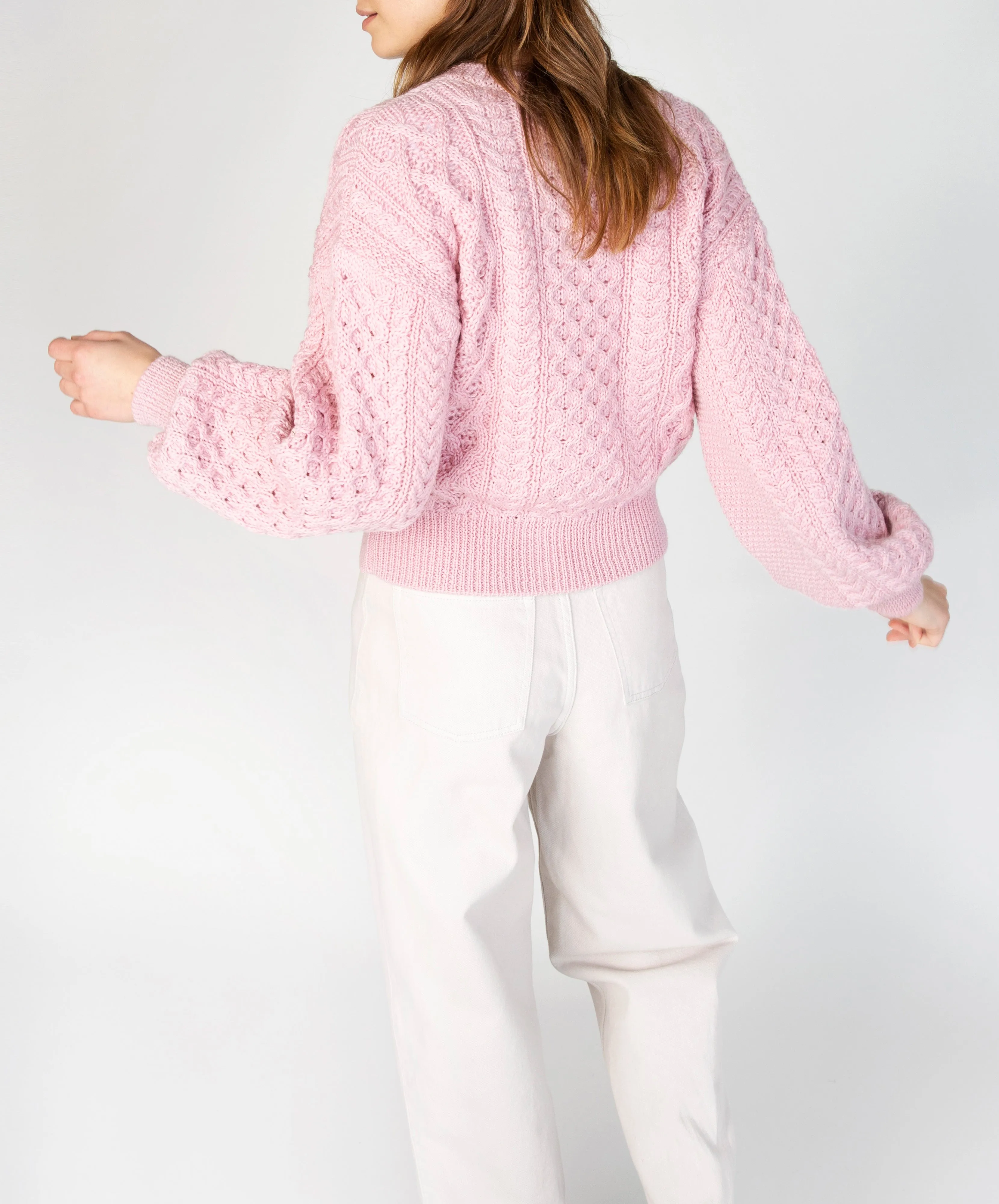 Clover Cropped Aran Cardigan Pale Pink