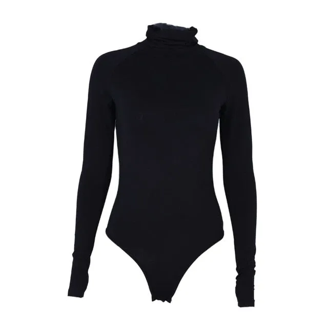 Cotton Long Sleeve High Neck Skinny Bodysuit Autumn Winter Women Solid Sexy New Fashion Bodycon Playsuits