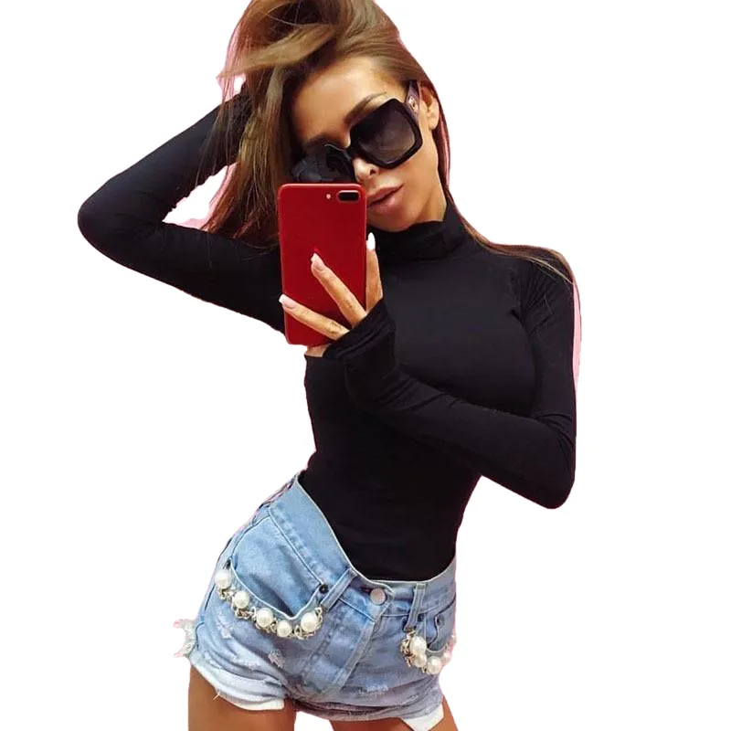 Cotton Long Sleeve High Neck Skinny Bodysuit Autumn Winter Women Solid Sexy New Fashion Bodycon Playsuits