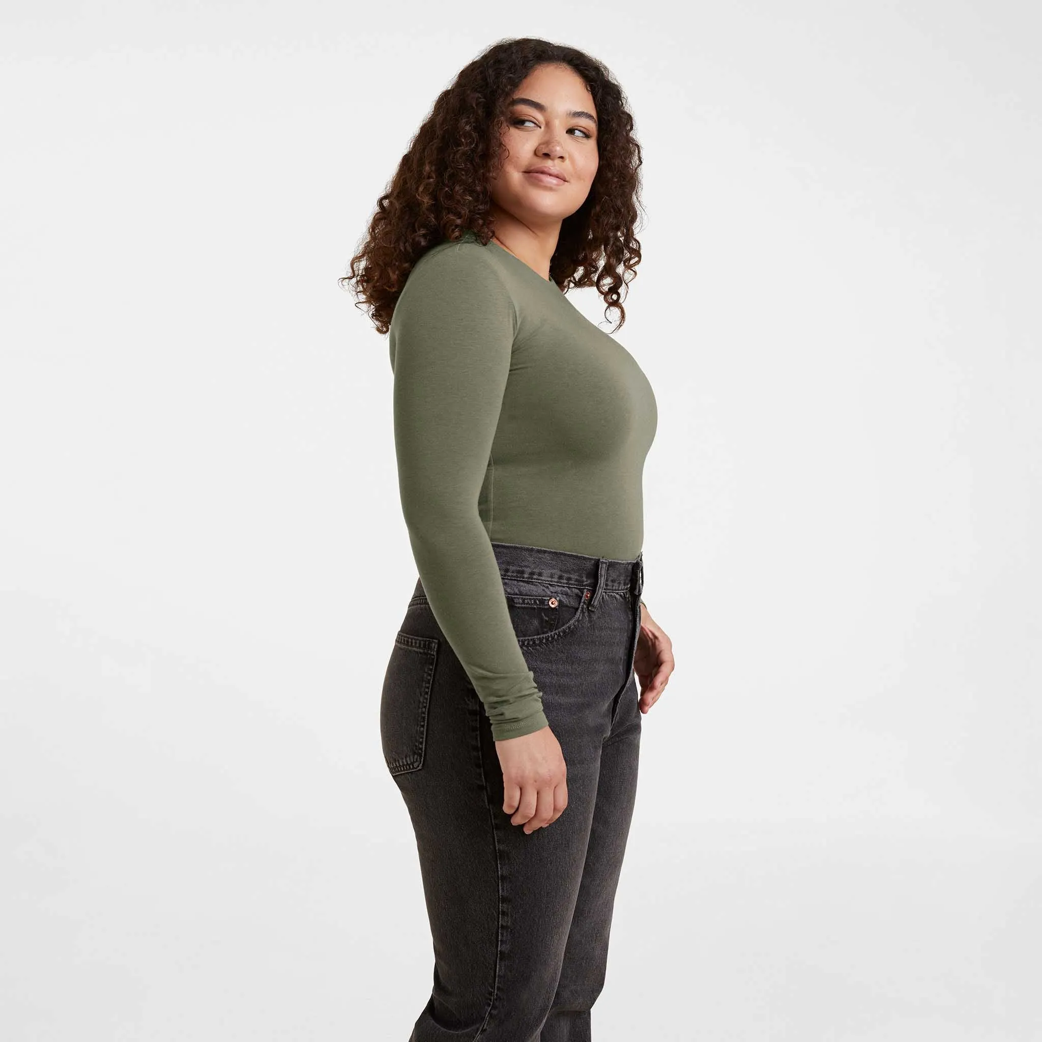 Cotton Stretch Long Sleeve Crewneck Bodysuit | Olive