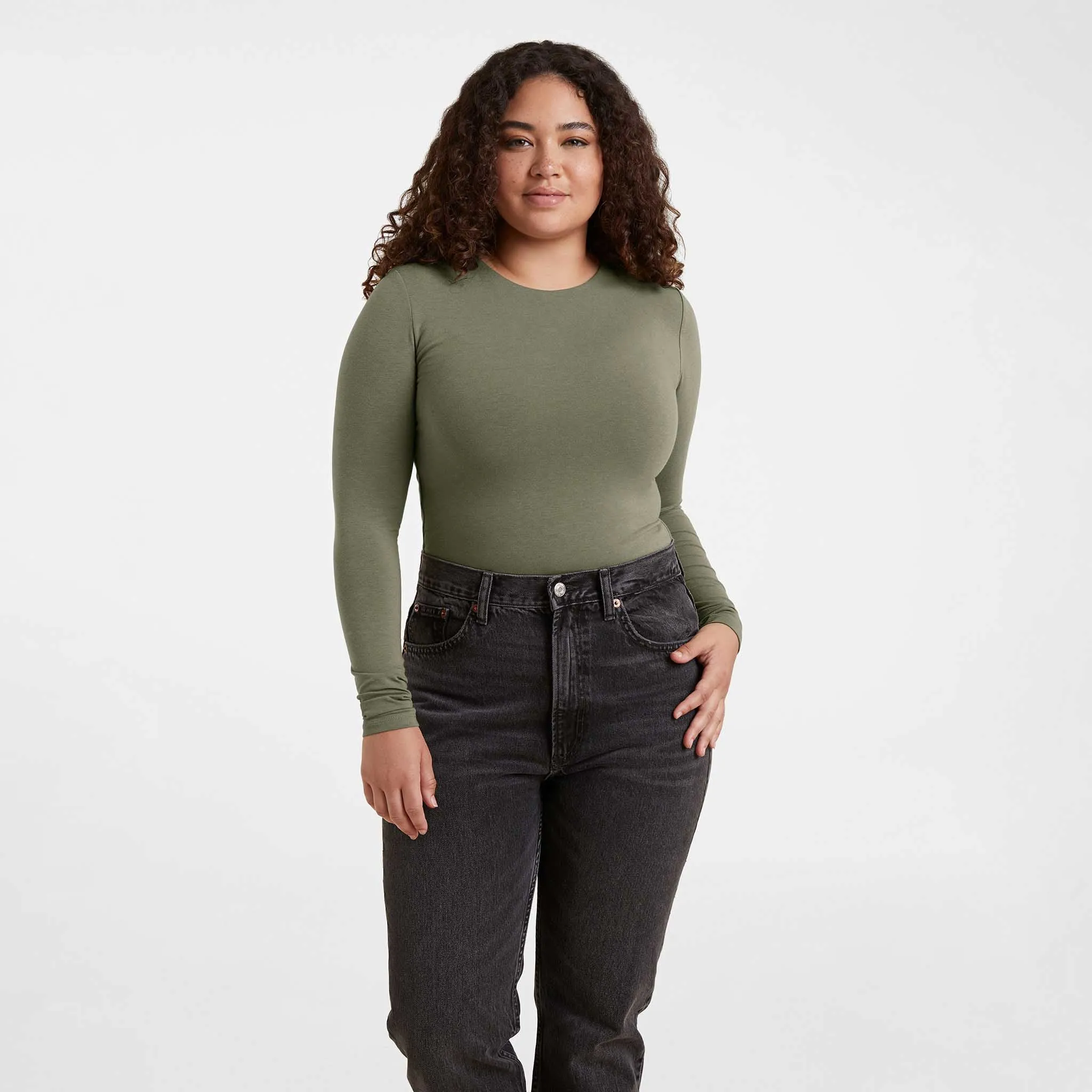 Cotton Stretch Long Sleeve Crewneck Bodysuit | Olive