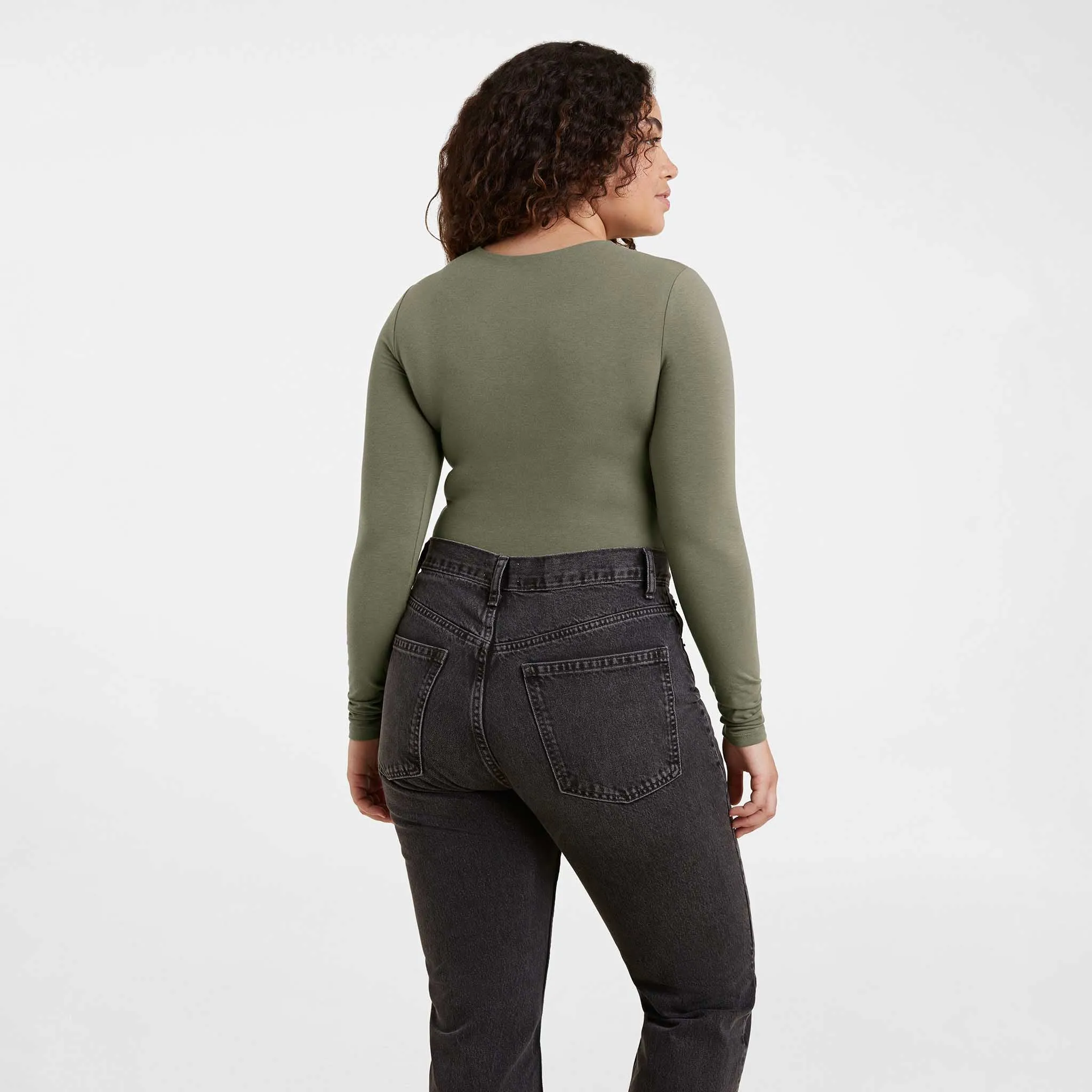 Cotton Stretch Long Sleeve Crewneck Bodysuit | Olive