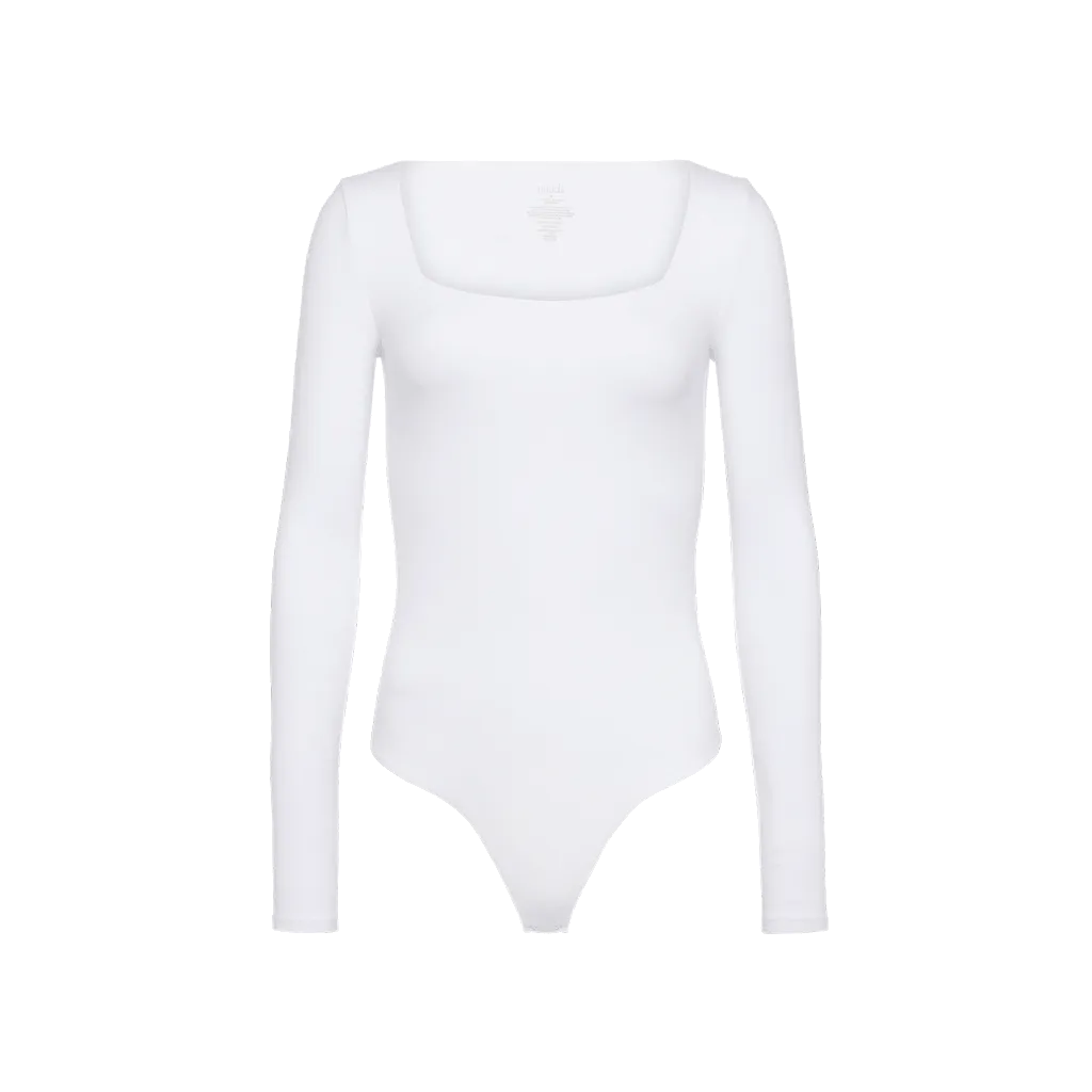 Cotton Stretch Long Sleeve Square Neck Bodysuit | White