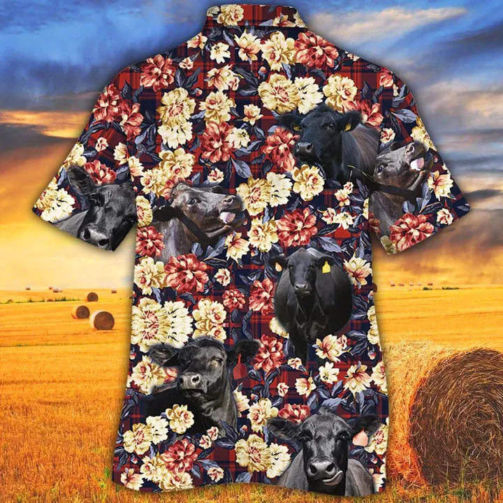 Cow Hawaiian shirt, Summer Hawaiian shirt, Animal shirt, Black Angus Red Plaid Pattern Hawaiian Shirt