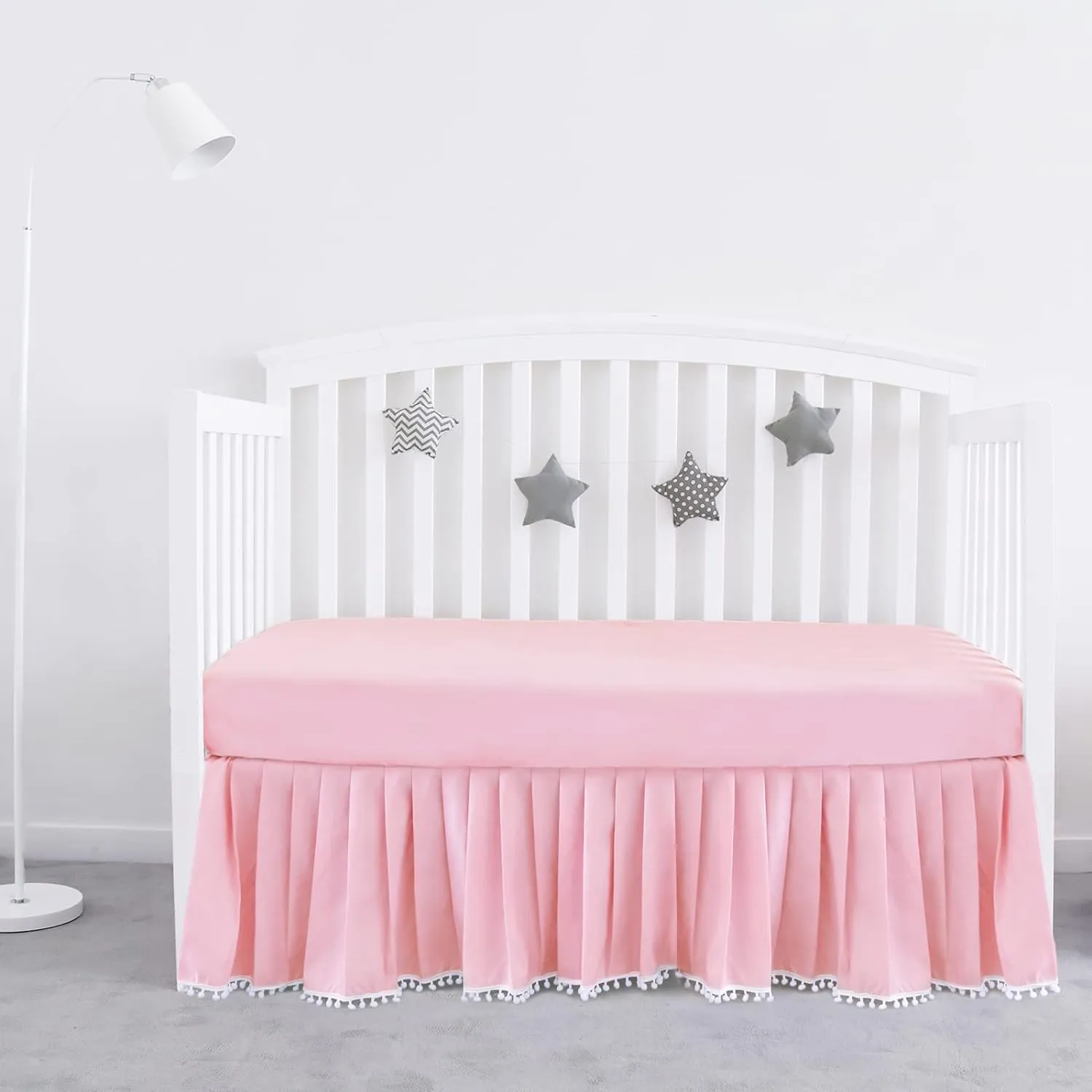 Crib Skirt - Dust Ruffle with Lovely Pompoms, 14" Drop, Pink (for Standard Crib/ Toddler Bed)