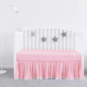 Crib Skirt - Dust Ruffle with Lovely Pompoms, 14" Drop, Pink (for Standard Crib/ Toddler Bed)