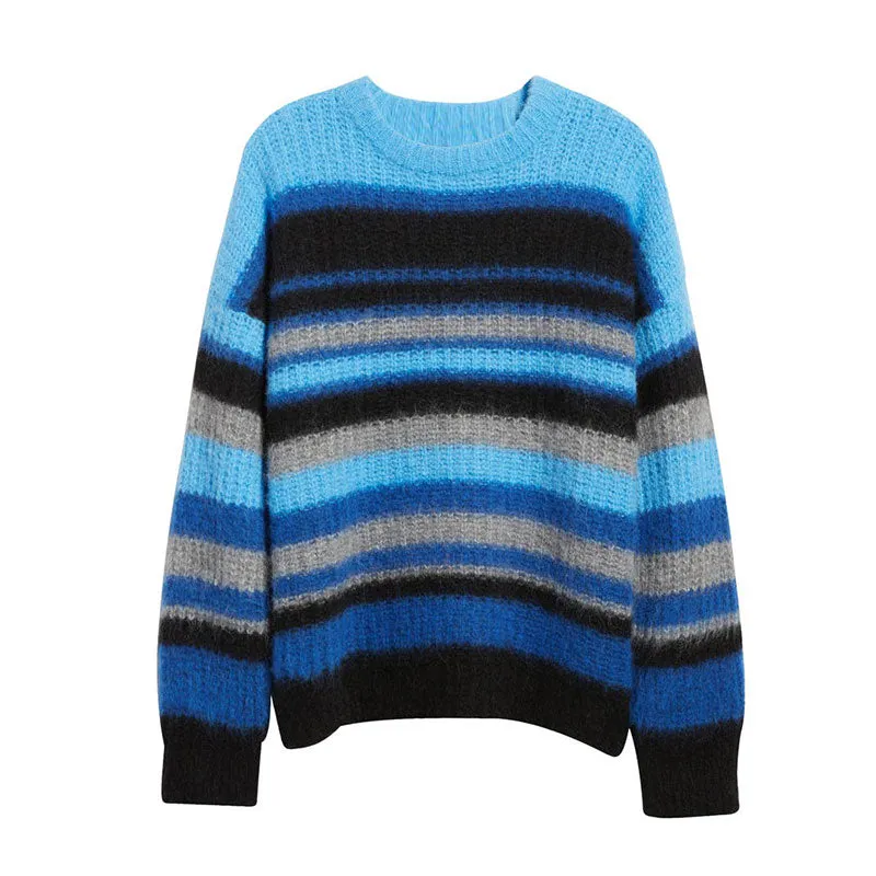 Custom Striped Mohair Knit Crew Neck Pullover Sweater - OEM/ODM Manufacturer