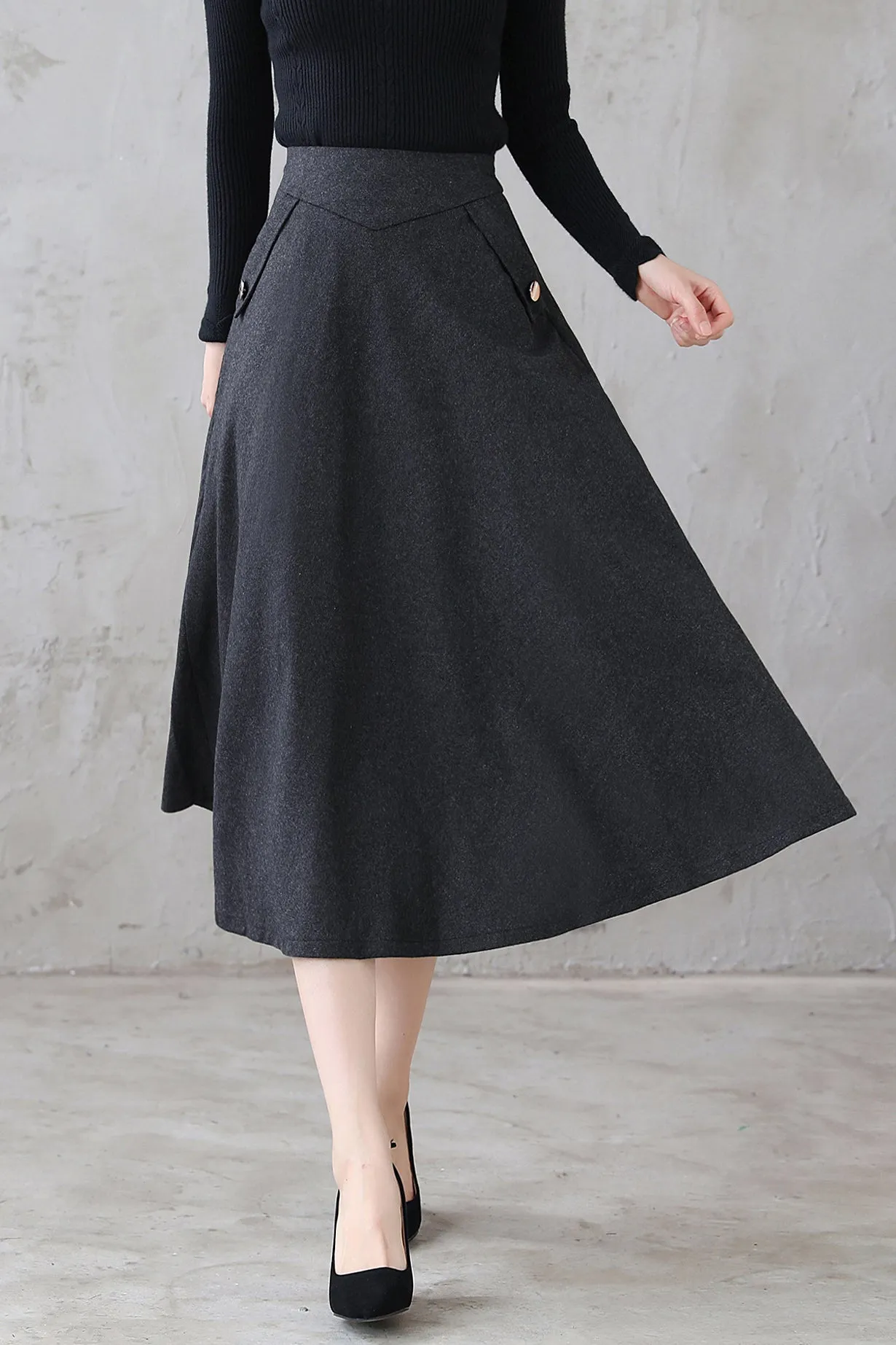 Dark Grey  Winter High Waist Mid Umbrella Skirt 312201