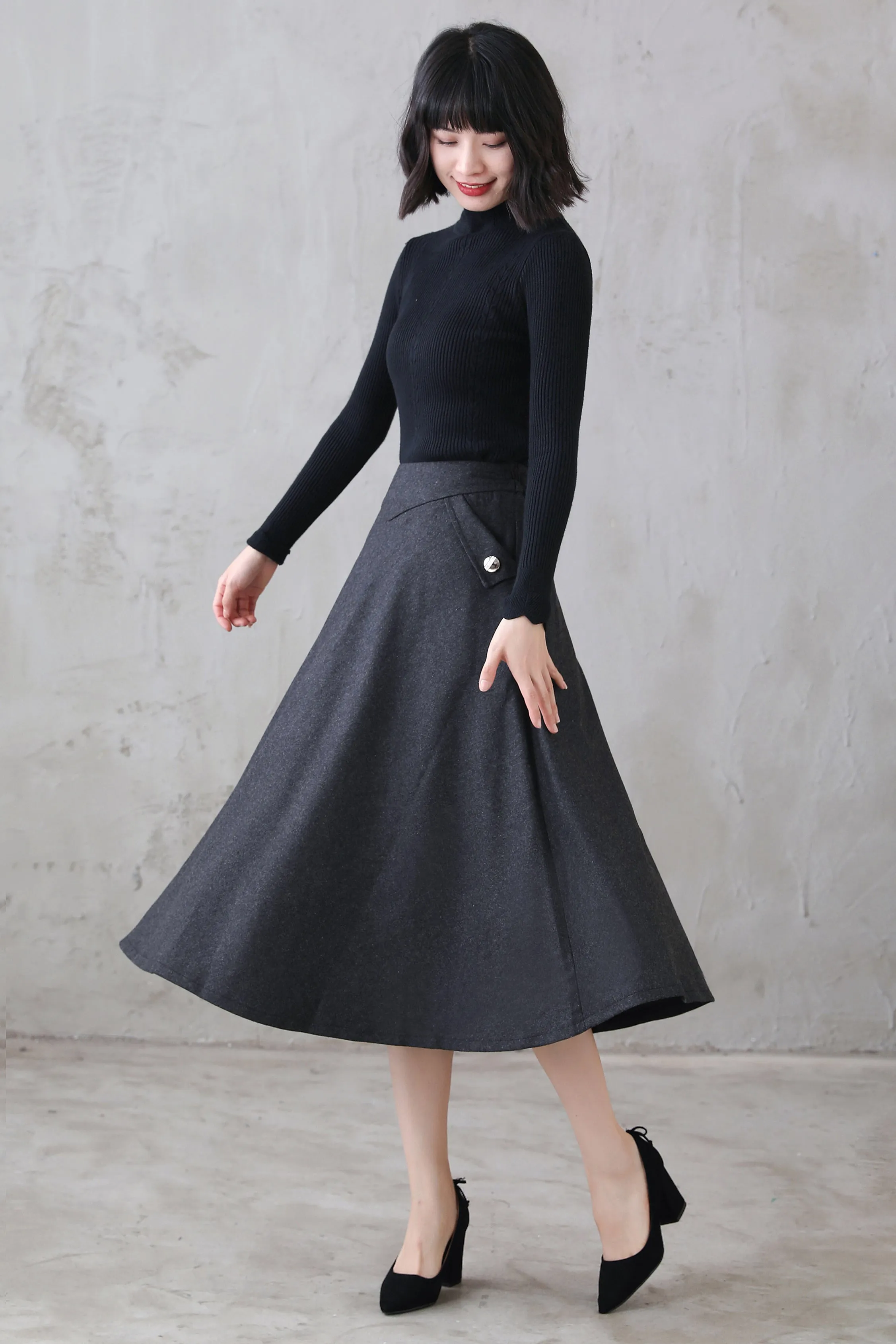 Dark Grey  Winter High Waist Mid Umbrella Skirt 312201