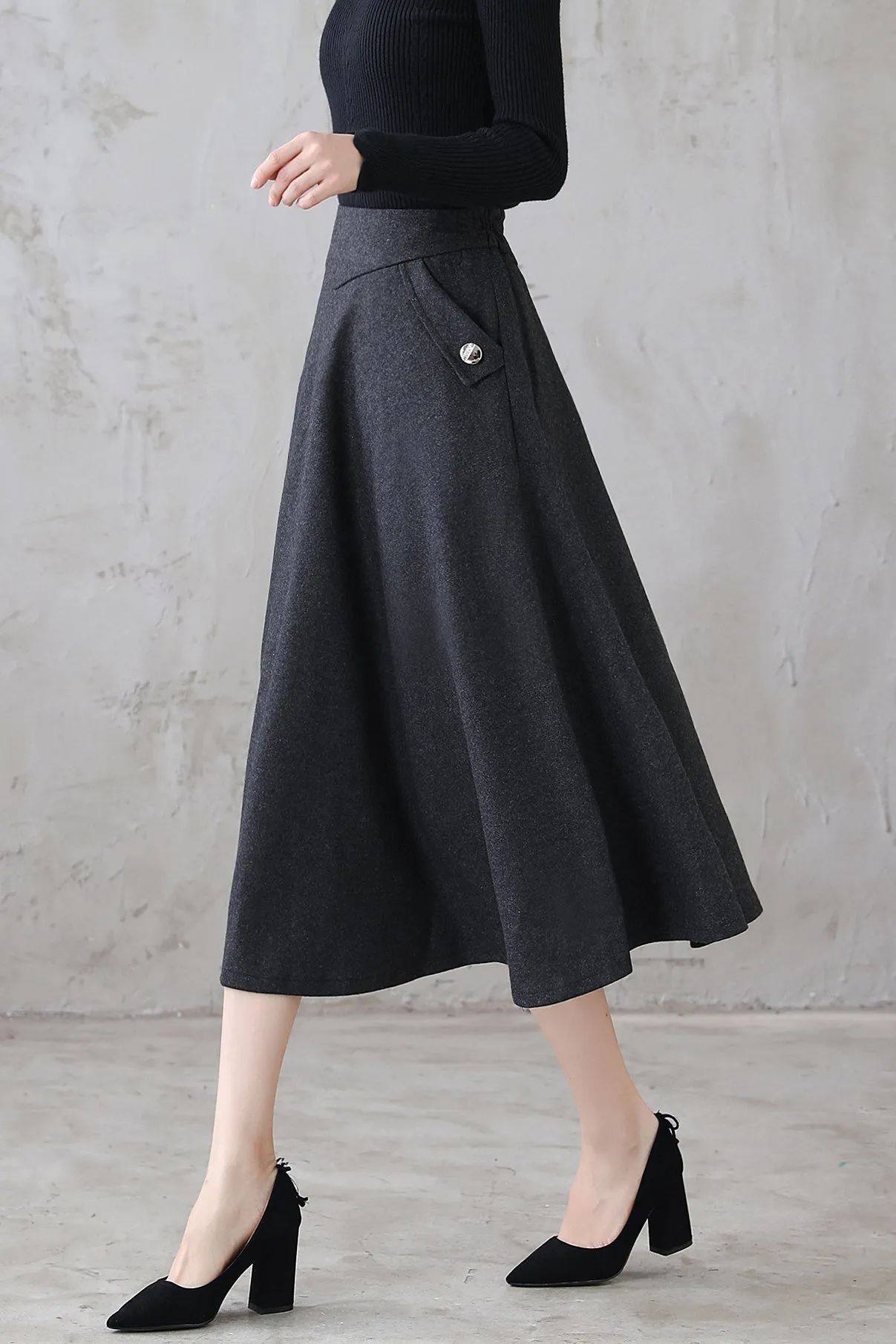 Dark Grey  Winter High Waist Mid Umbrella Skirt 312201