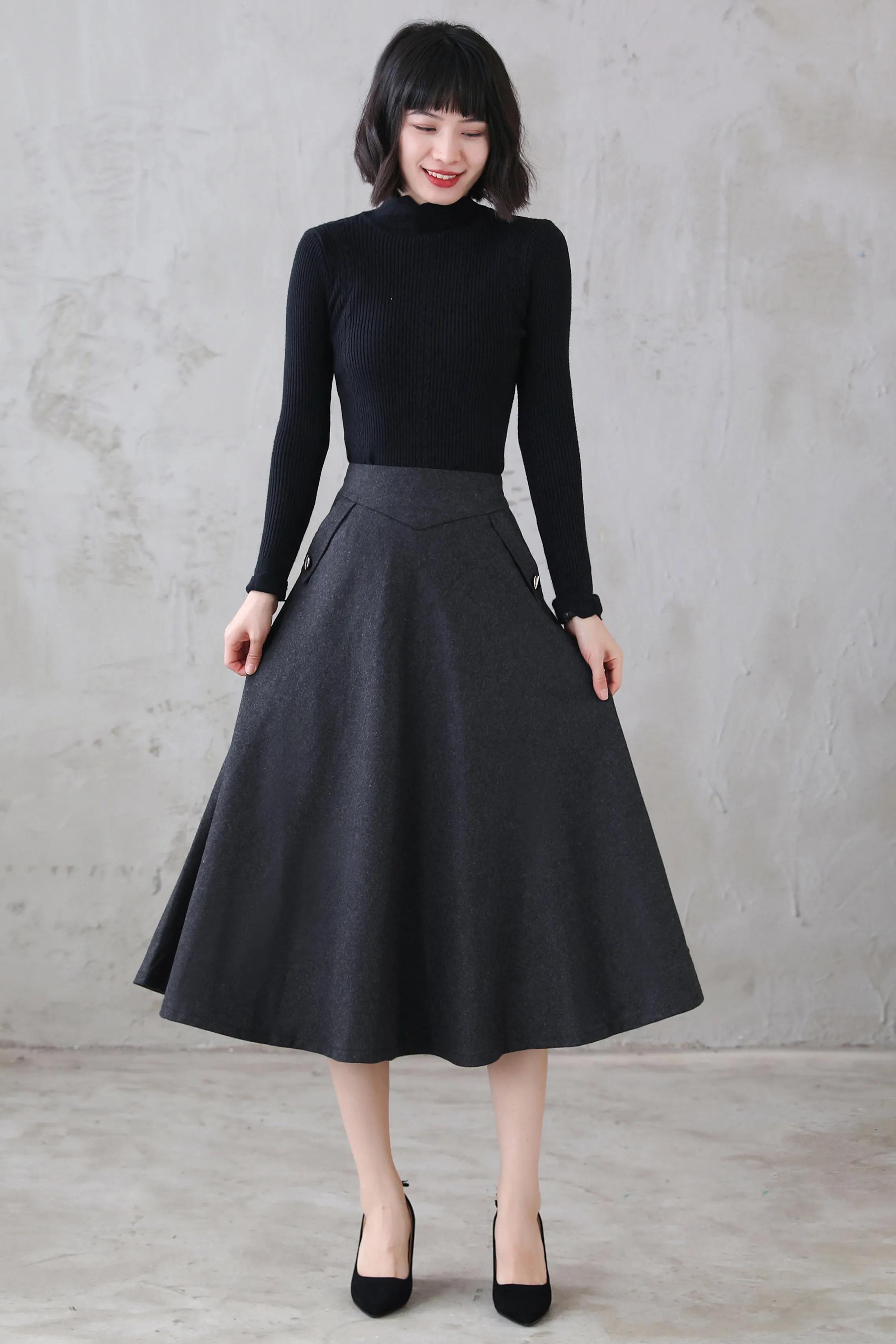 Dark Grey  Winter High Waist Mid Umbrella Skirt 312201