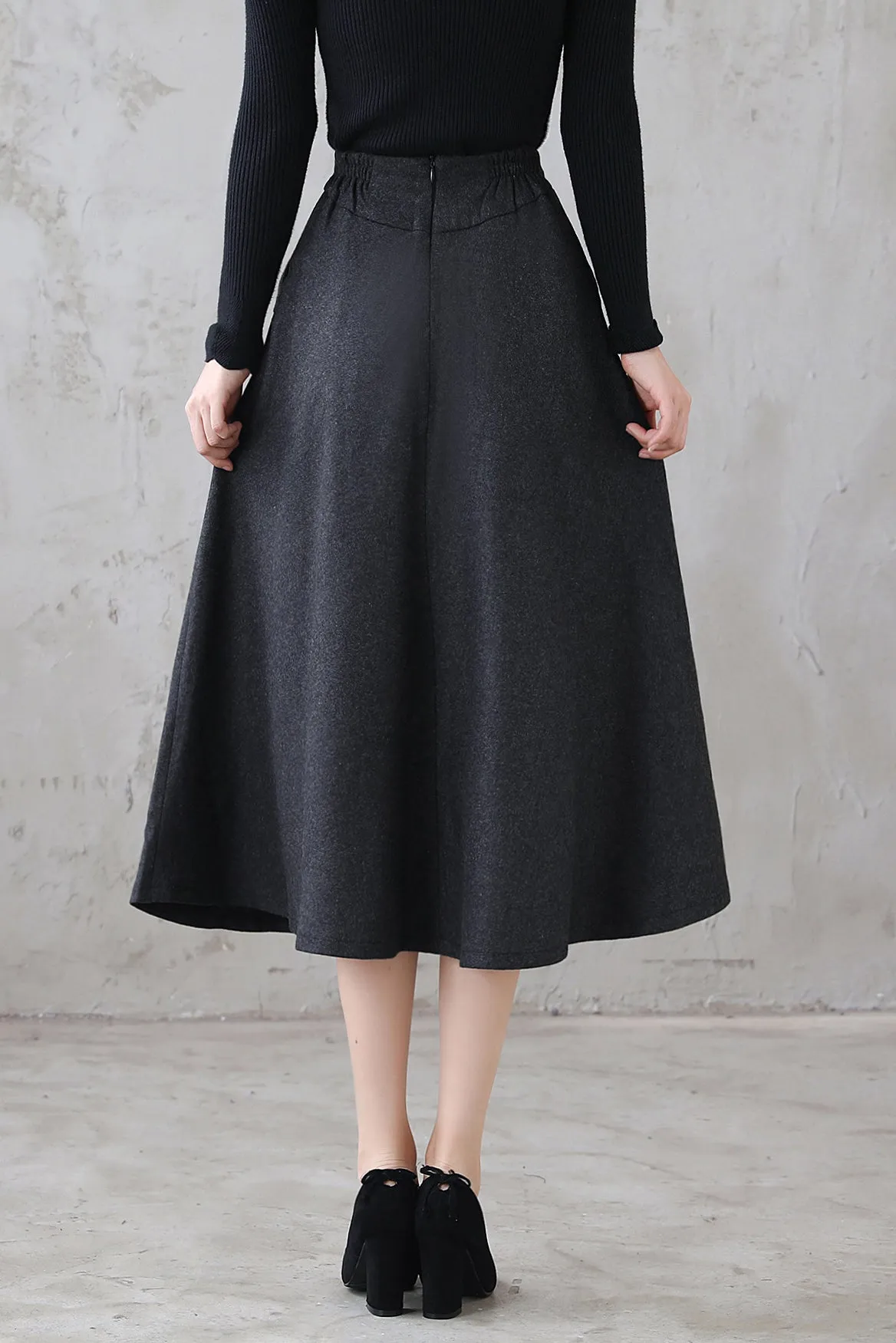 Dark Grey  Winter High Waist Mid Umbrella Skirt 312201