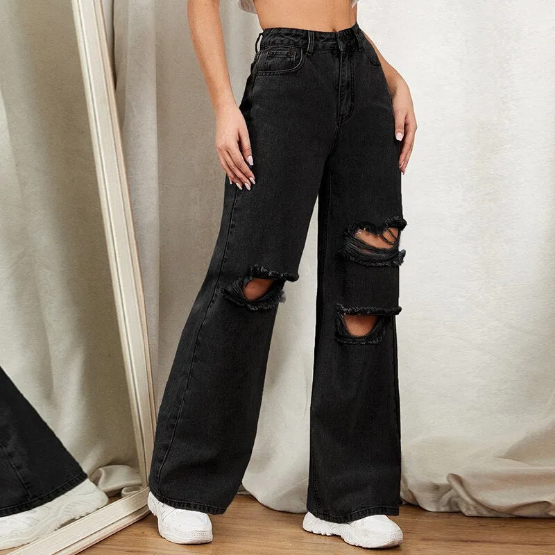 DenimColab 2022 Hole Washed Wide Leg Pants Jeans Women Loose Boyfriend Jeans 100% Cotton Mom Jeans Casual Trousers Denim Pants