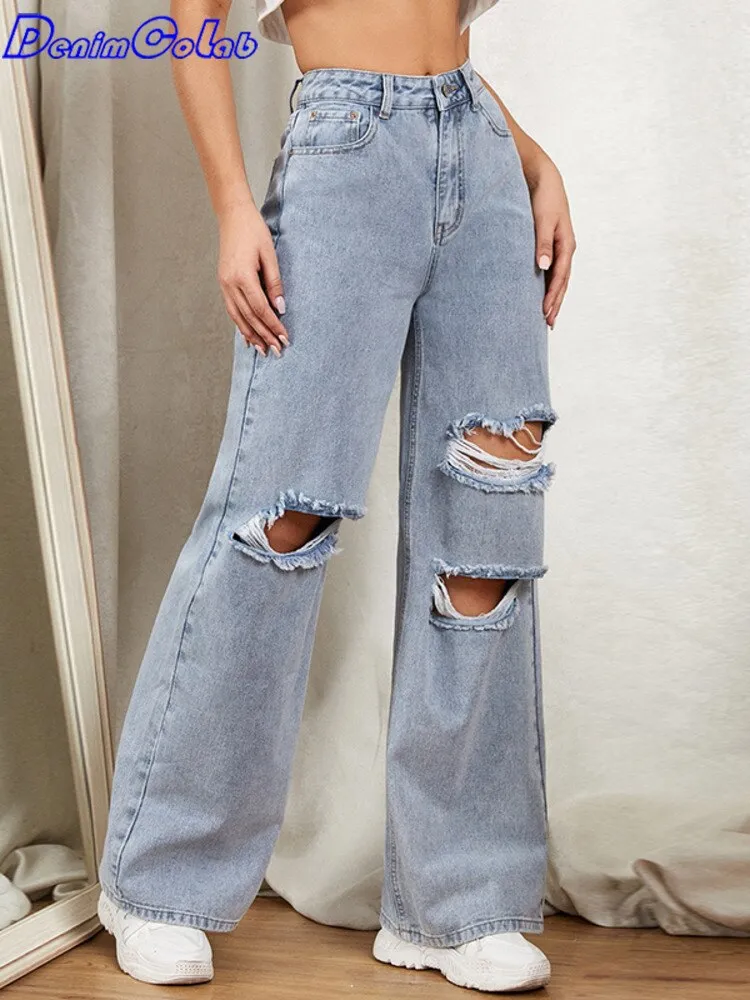 DenimColab 2022 Hole Washed Wide Leg Pants Jeans Women Loose Boyfriend Jeans 100% Cotton Mom Jeans Casual Trousers Denim Pants