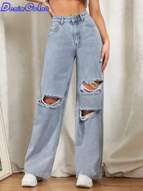 DenimColab 2022 Hole Washed Wide Leg Pants Jeans Women Loose Boyfriend Jeans 100% Cotton Mom Jeans Casual Trousers Denim Pants