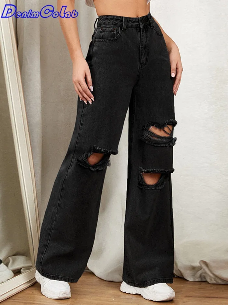 DenimColab 2022 Hole Washed Wide Leg Pants Jeans Women Loose Boyfriend Jeans 100% Cotton Mom Jeans Casual Trousers Denim Pants