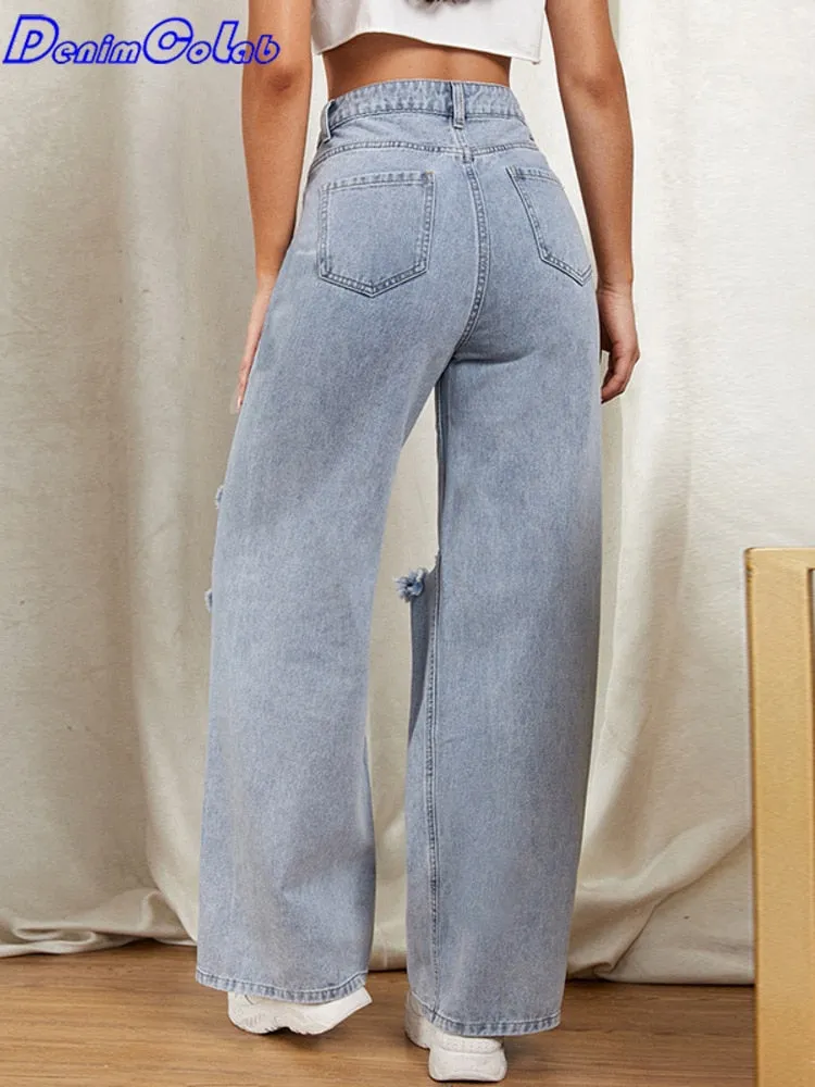 DenimColab 2022 Hole Washed Wide Leg Pants Jeans Women Loose Boyfriend Jeans 100% Cotton Mom Jeans Casual Trousers Denim Pants