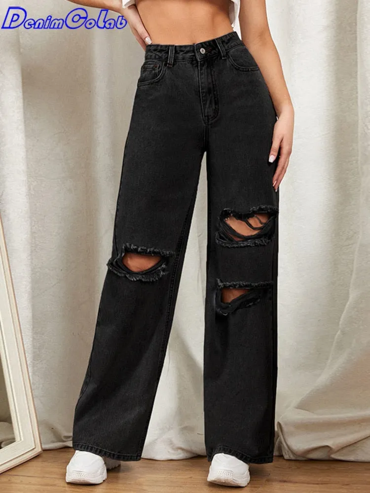 DenimColab 2022 Hole Washed Wide Leg Pants Jeans Women Loose Boyfriend Jeans 100% Cotton Mom Jeans Casual Trousers Denim Pants