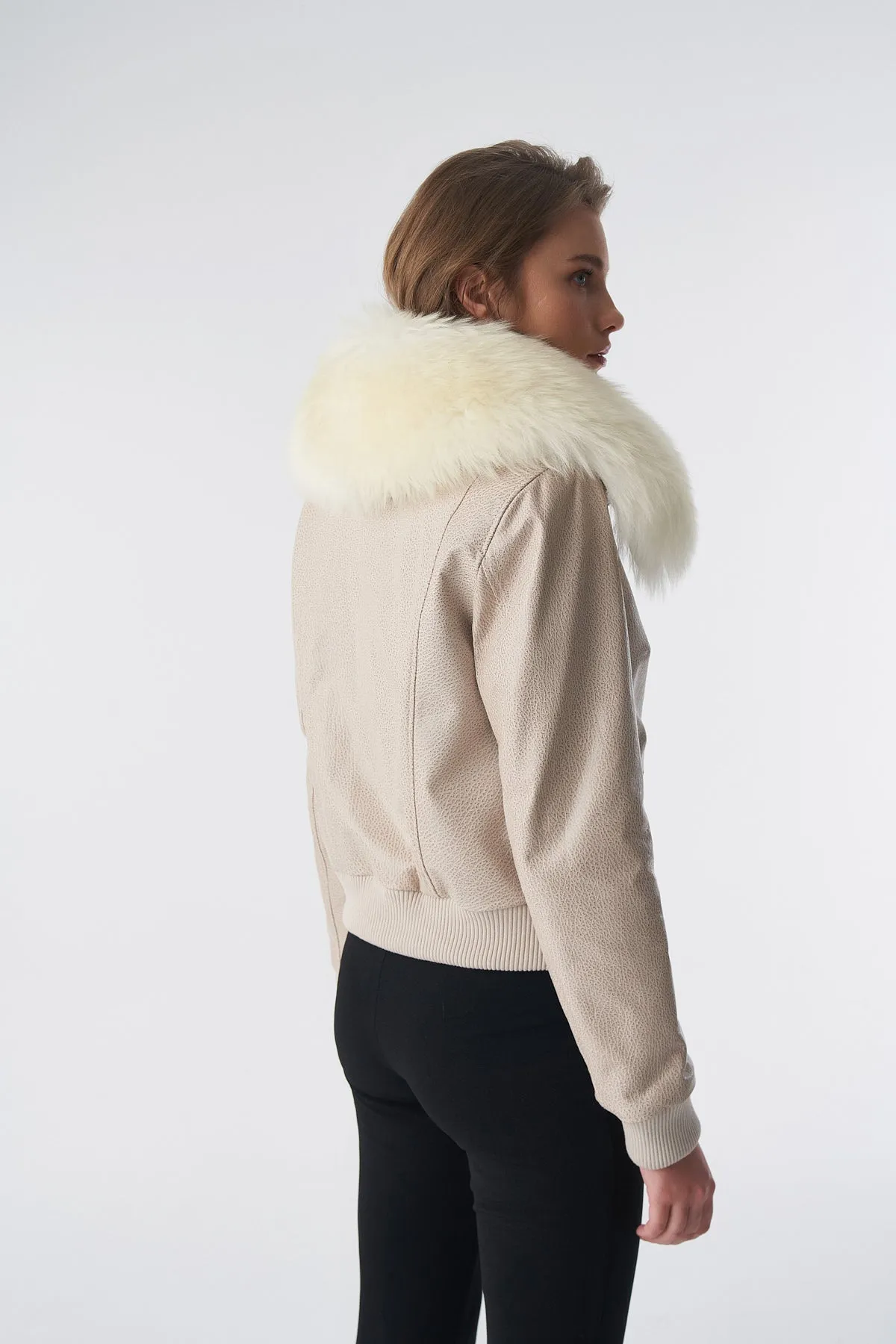 Detachable Natural Shearling Collar Bomber Jacket, Jumbo Pattern Beige