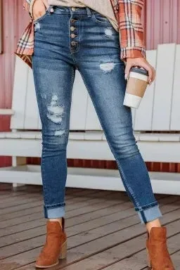 Distressed Button Fly High Waist Skinny Jeans