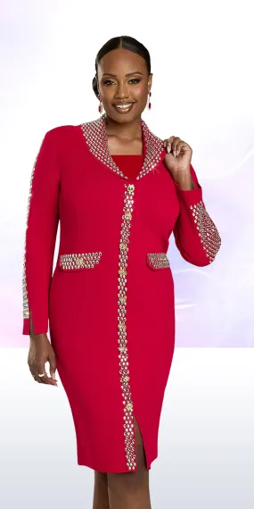 Donna Vinci 13436 - Red - Rhinestone Trim Knit Dress