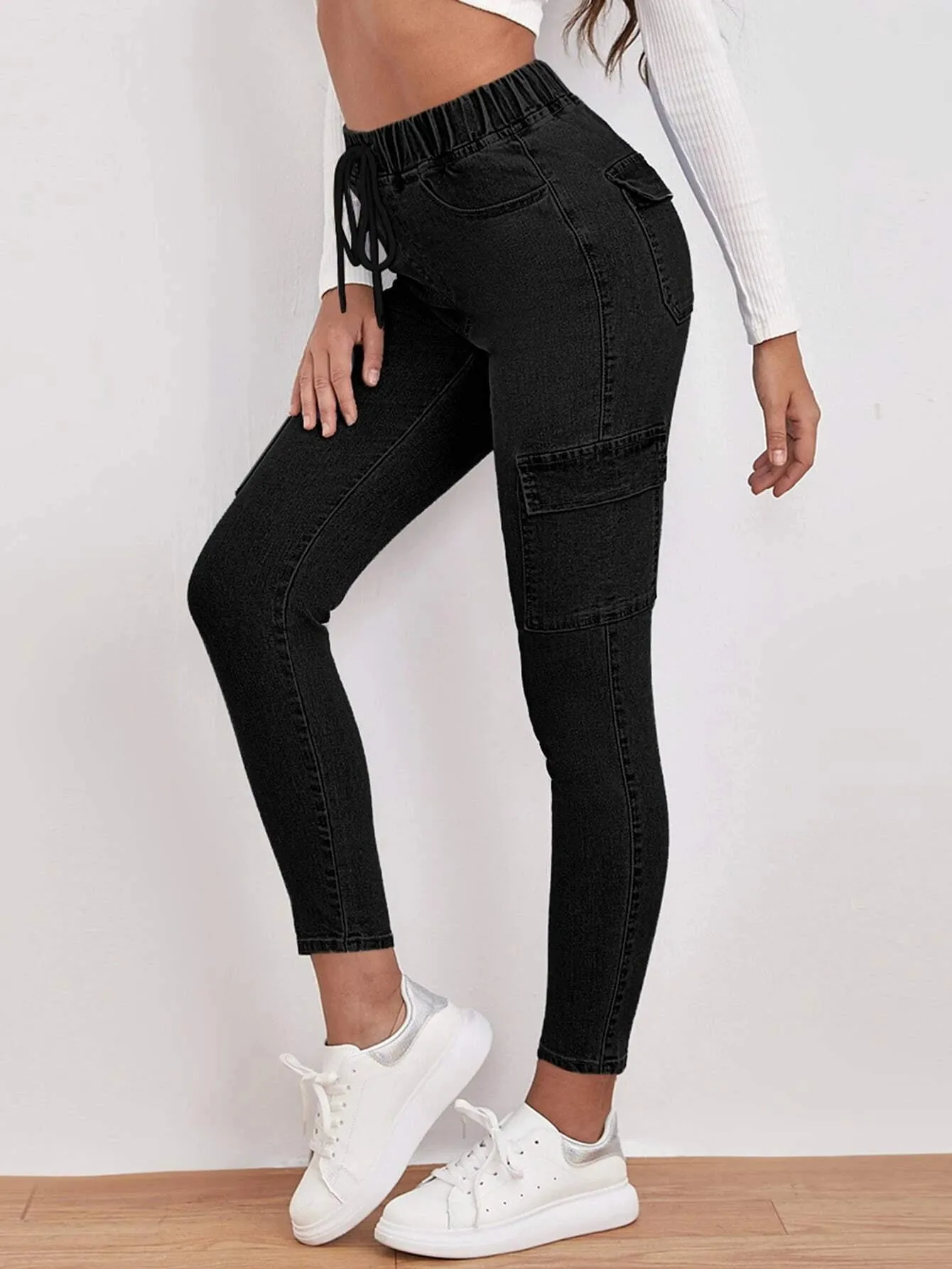 Drawstring Waist Flap Pocket Jean