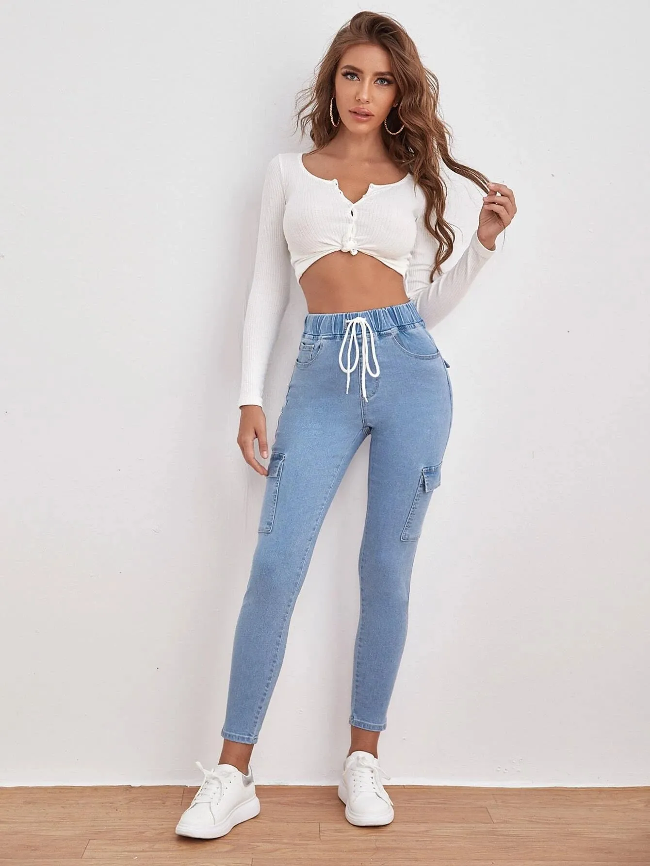 Drawstring Waist Flap Pocket Jean