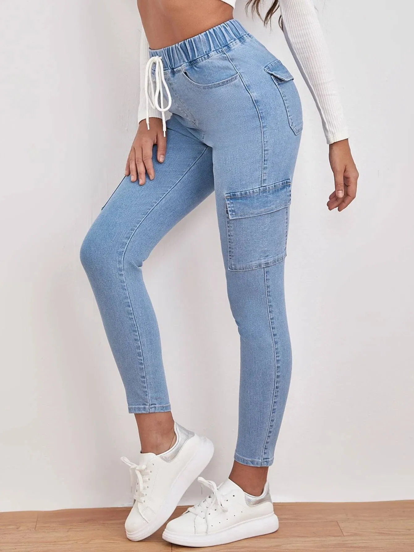 Drawstring Waist Flap Pocket Jean