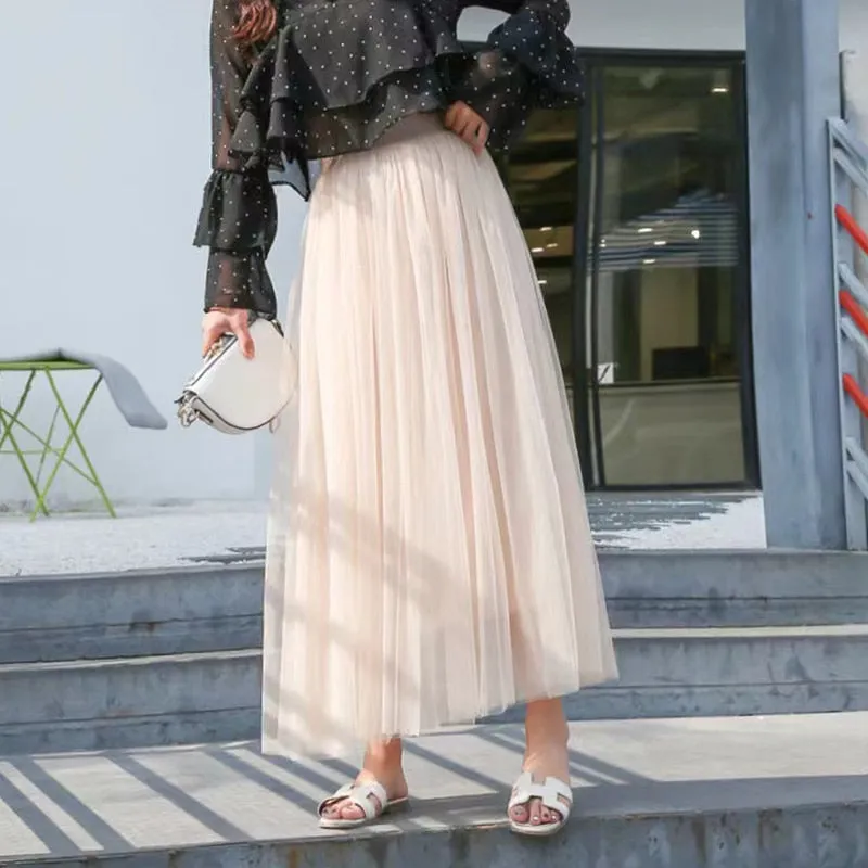 Elegant Women Tulle Skirt  Korean Fashion Mesh White A Line Ladies Pleated Skirt Summer Chic High Waist Black Party Faldas