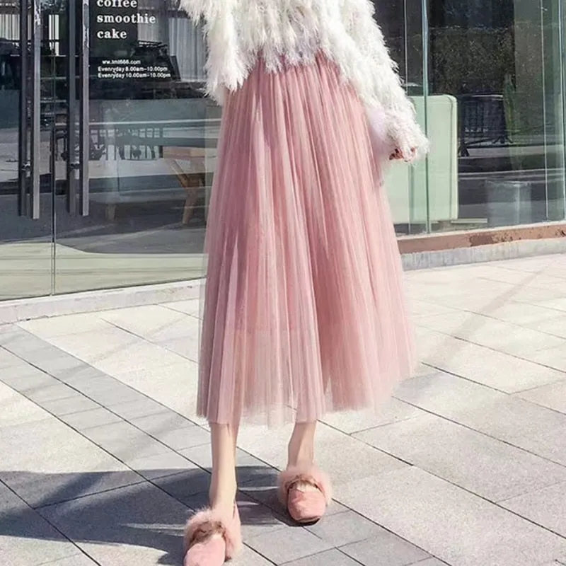 Elegant Women Tulle Skirt  Korean Fashion Mesh White A Line Ladies Pleated Skirt Summer Chic High Waist Black Party Faldas