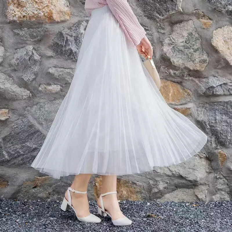 Elegant Women Tulle Skirt  Korean Fashion Mesh White A Line Ladies Pleated Skirt Summer Chic High Waist Black Party Faldas