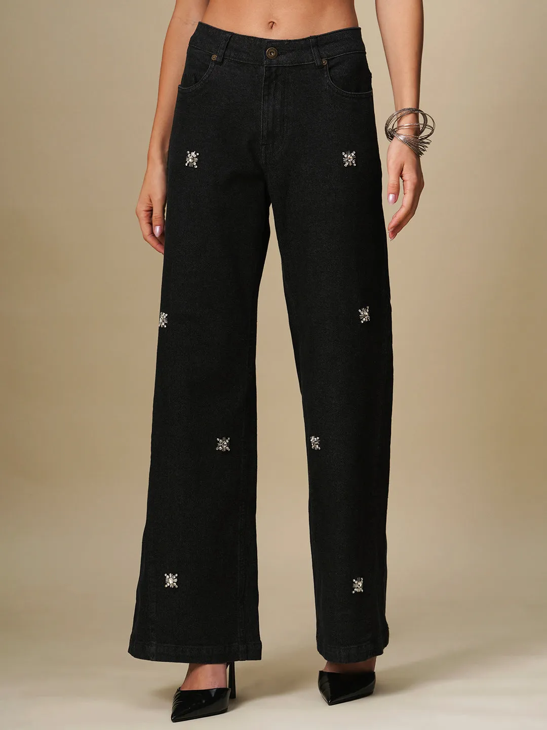 EMBELLISHED MID RISE FLARED JEANS