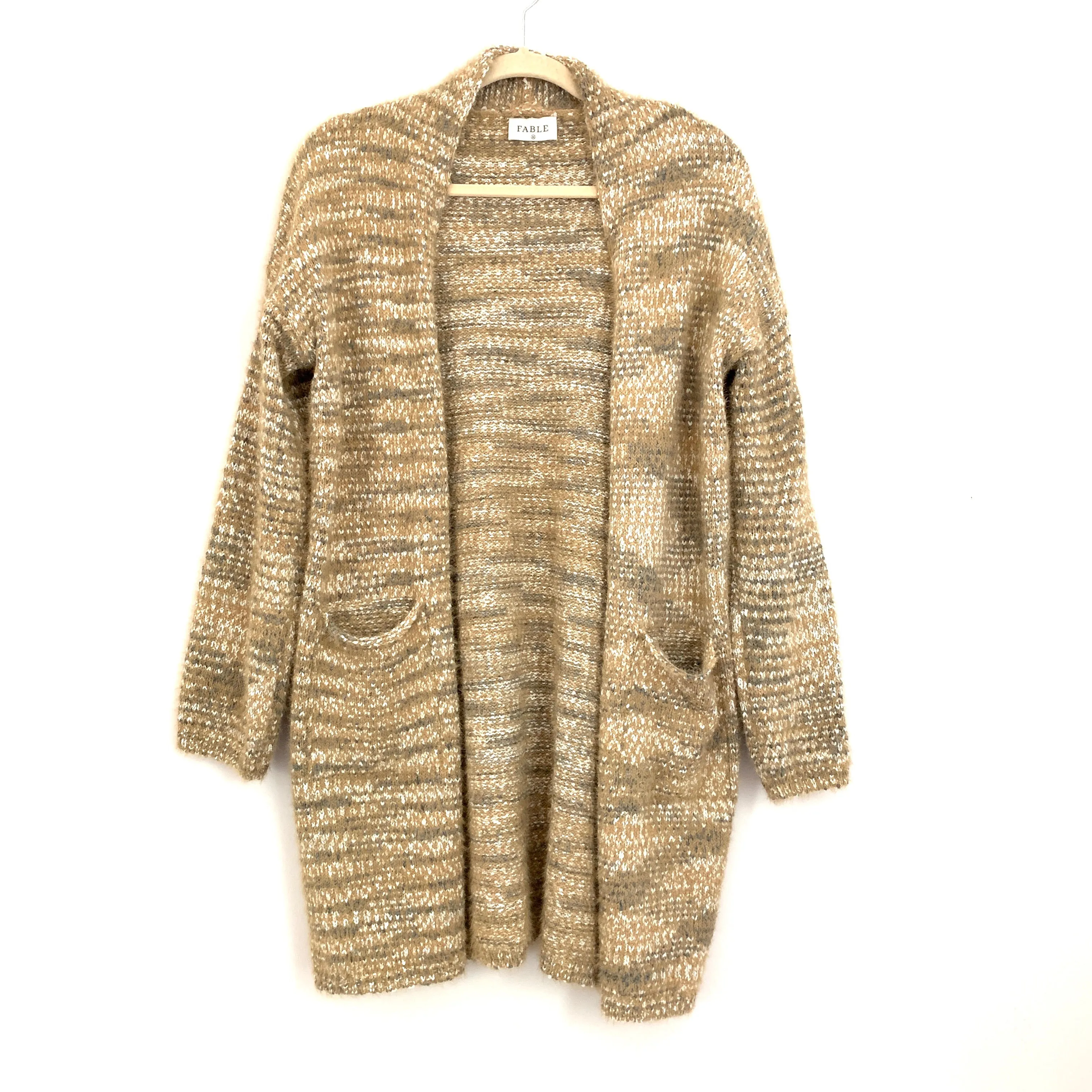 Fable Tan & Grey Fuzzy Soft Pocket Cardigan- Size M