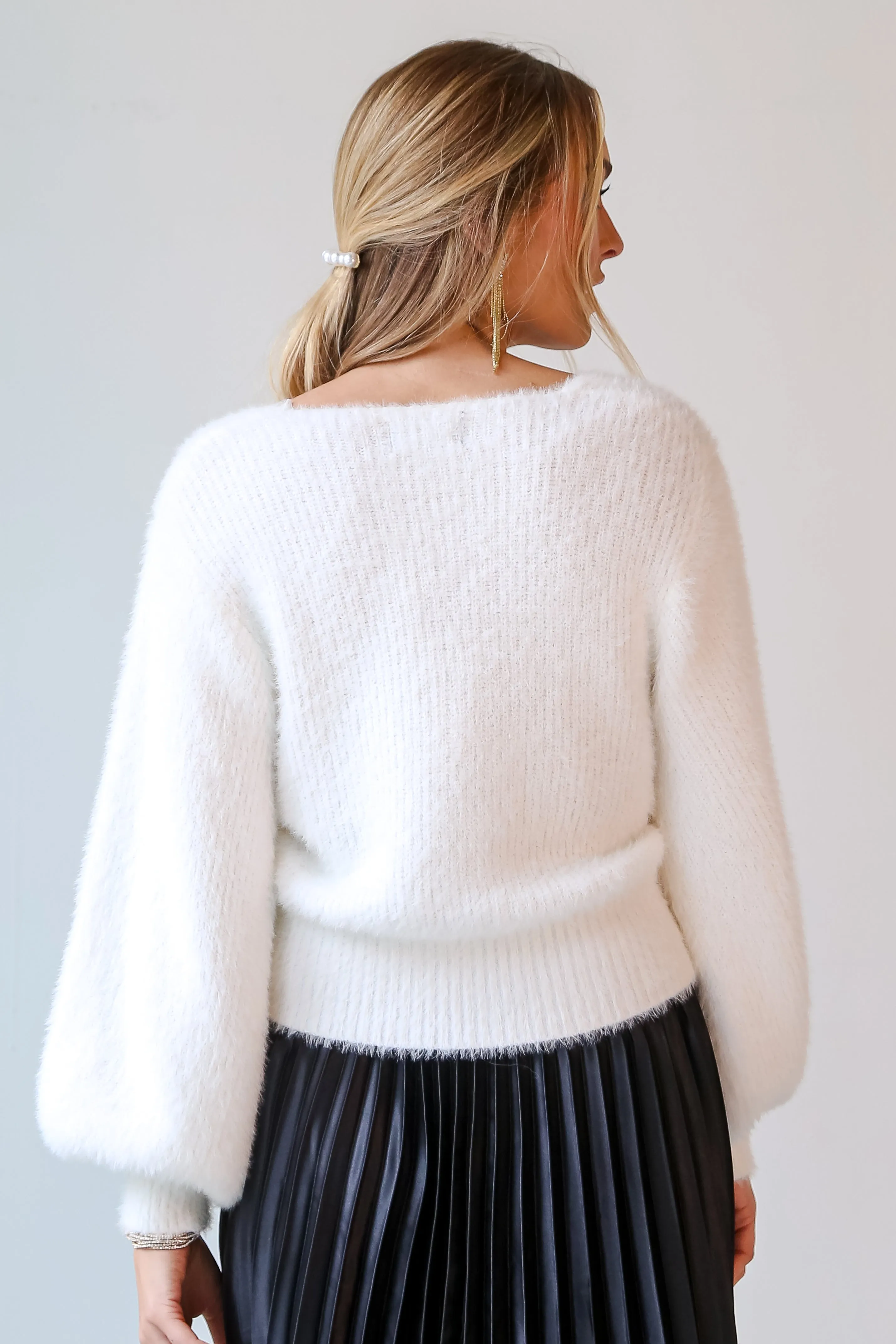 FINAL SALE - Pretty Pizzazz Ivory Fuzzy Knit Pearl Sweater Cardigan