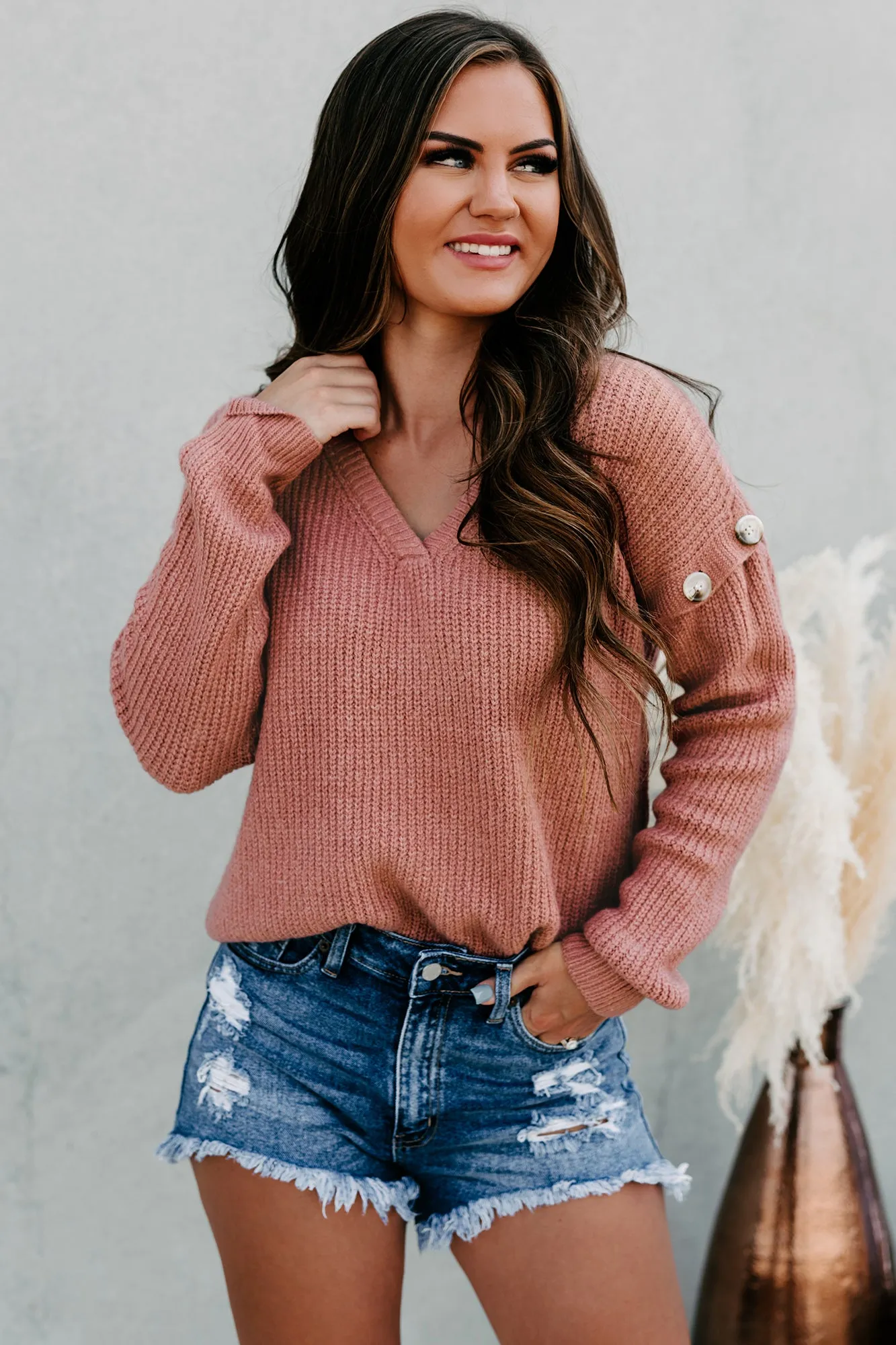 Finding Happiness Button Sleeved V-Neck Sweater (Clay)